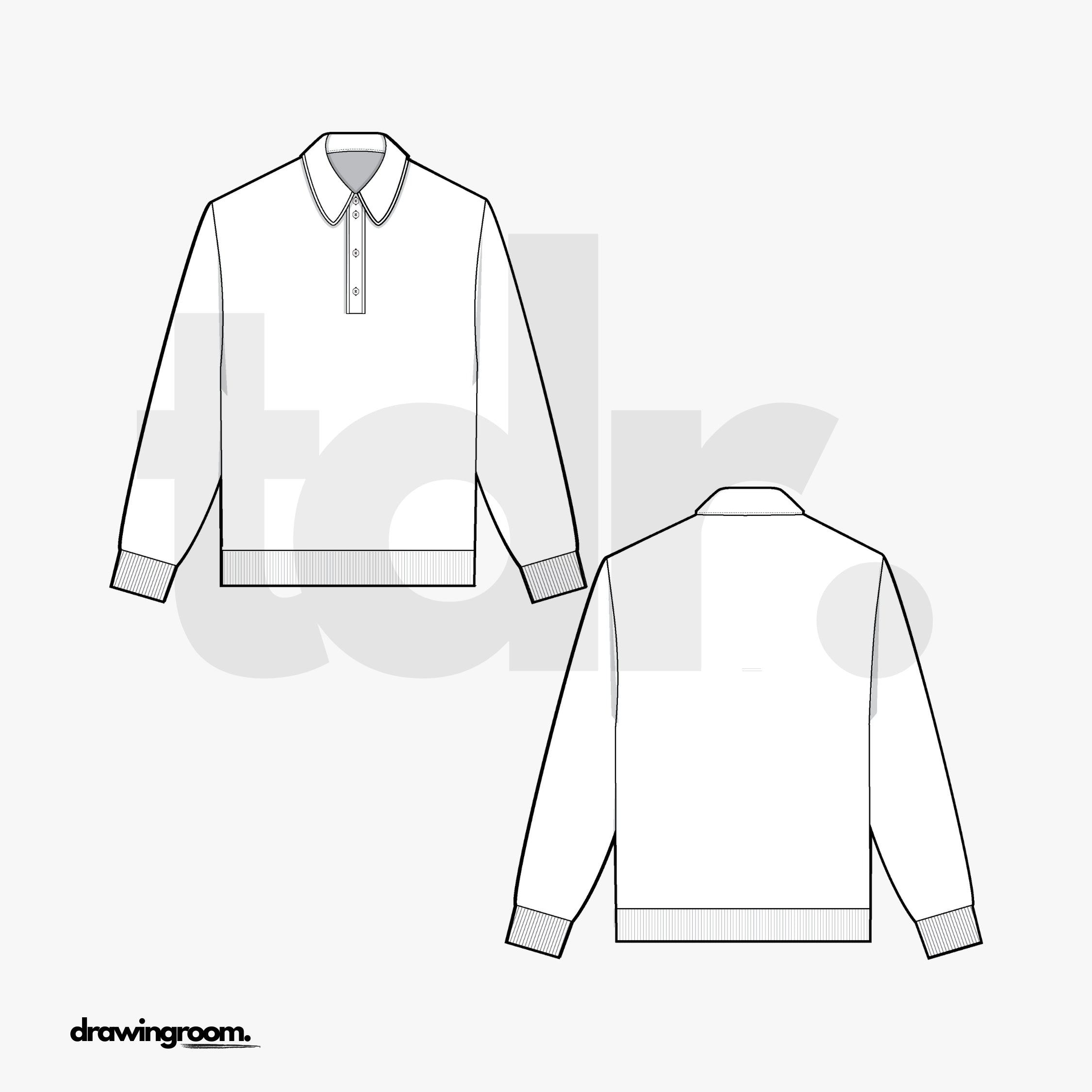 Slim Fit Long Sleeve Button Up Polo Shirt - Flat Mockup Vector