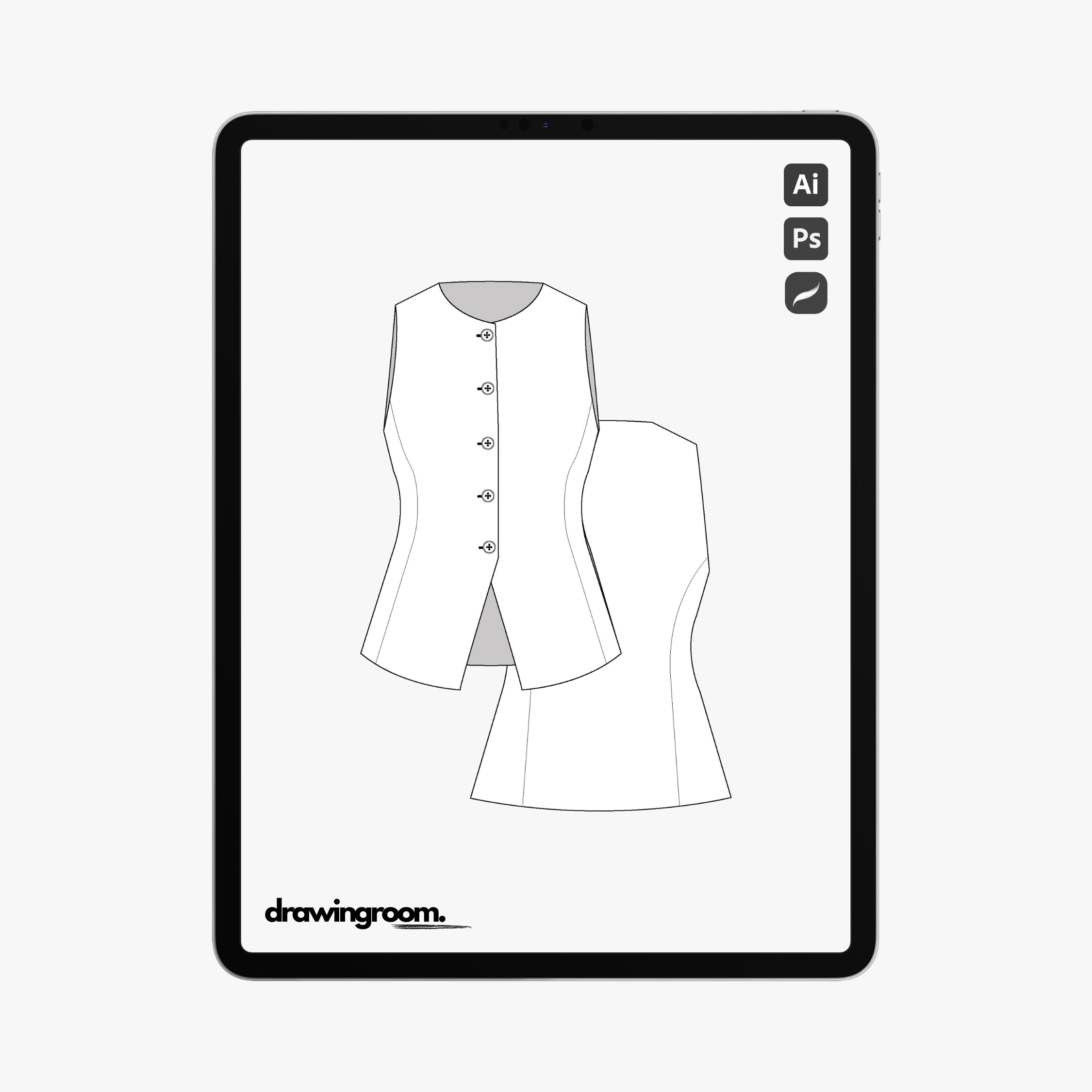 Fitted Long Suit Vest - Flat Mockup Vector