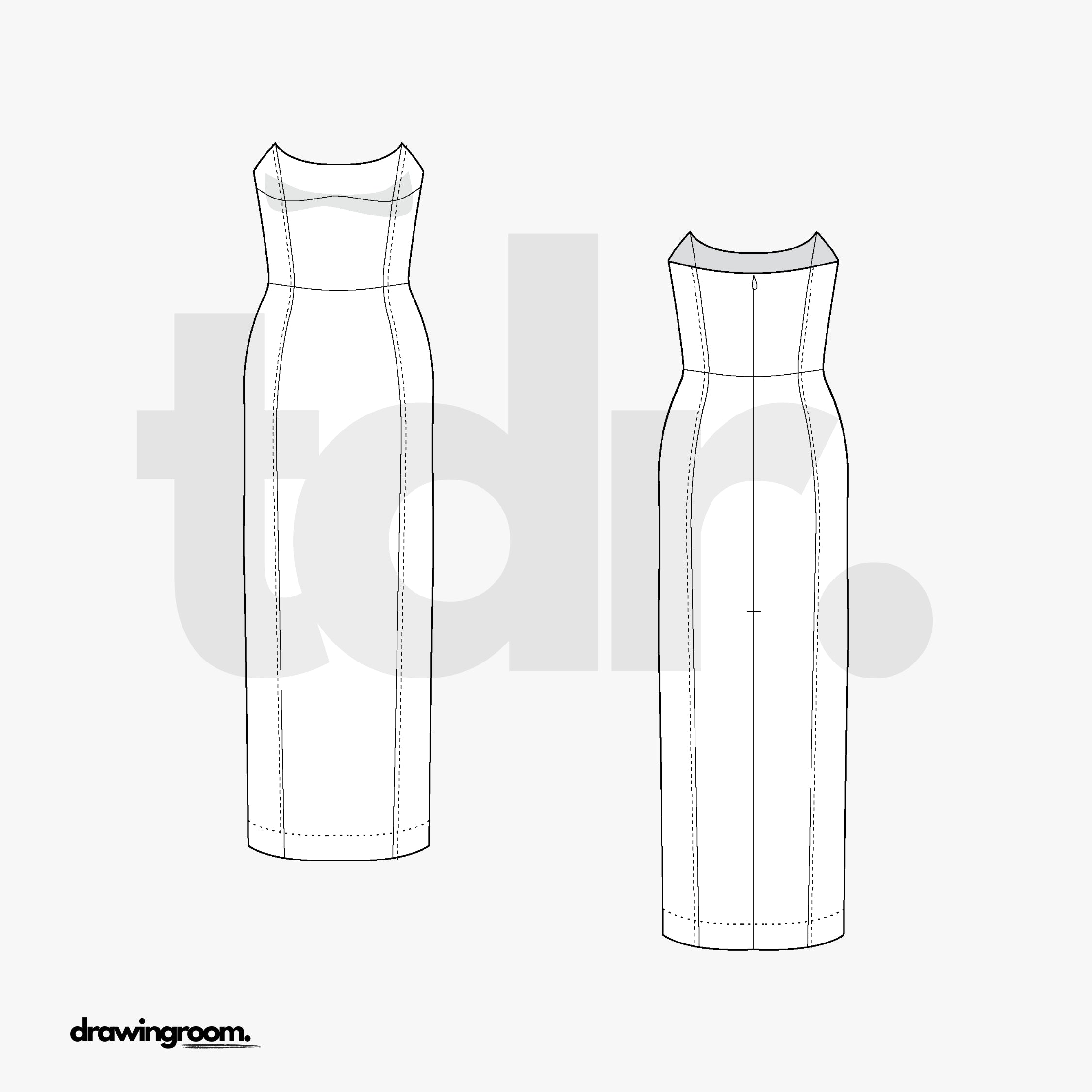 Fitted Midi Princess Cut Dress - Flat Mockup Vector