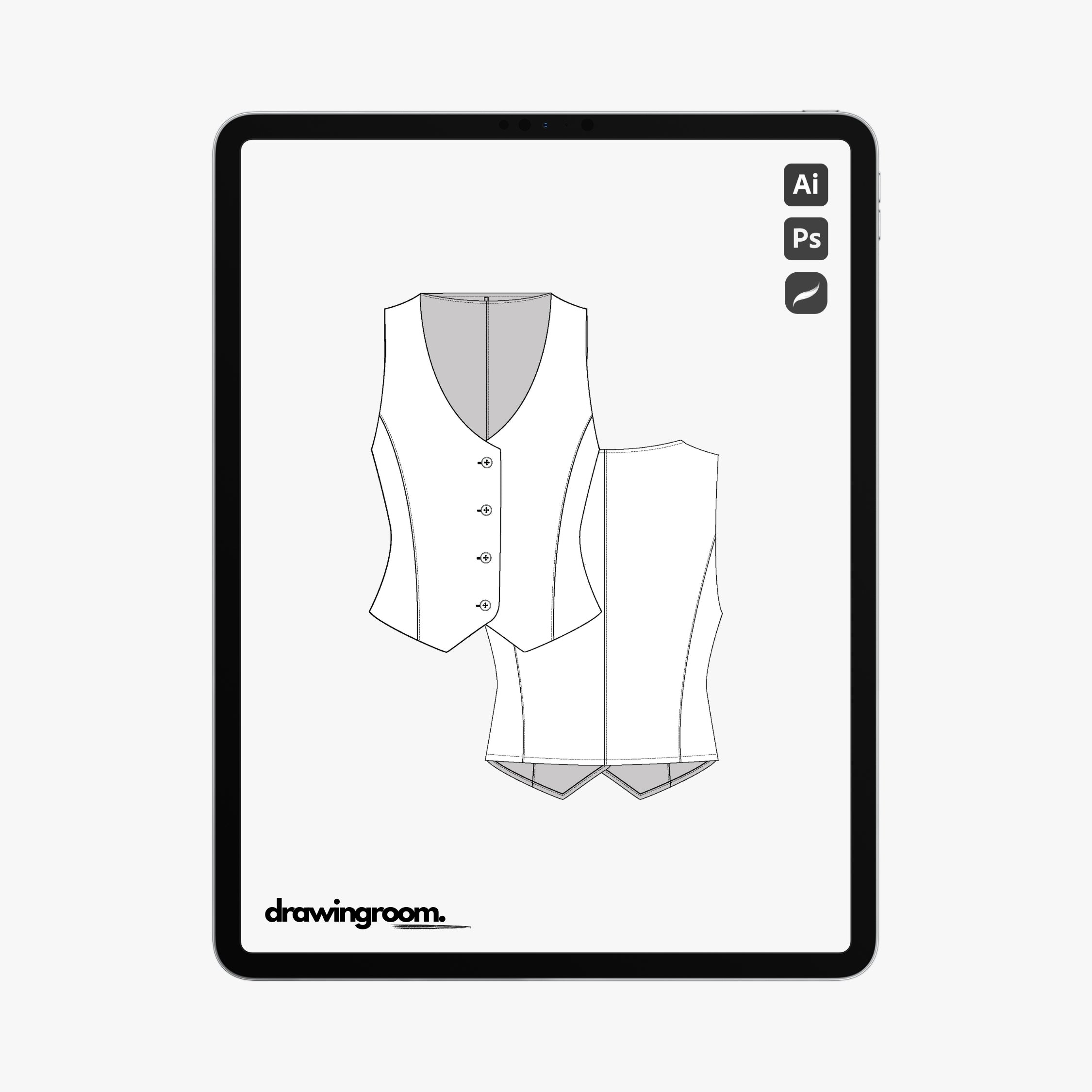 Fitted Suit Vest with Princess Seams - Flat Mockup Vector