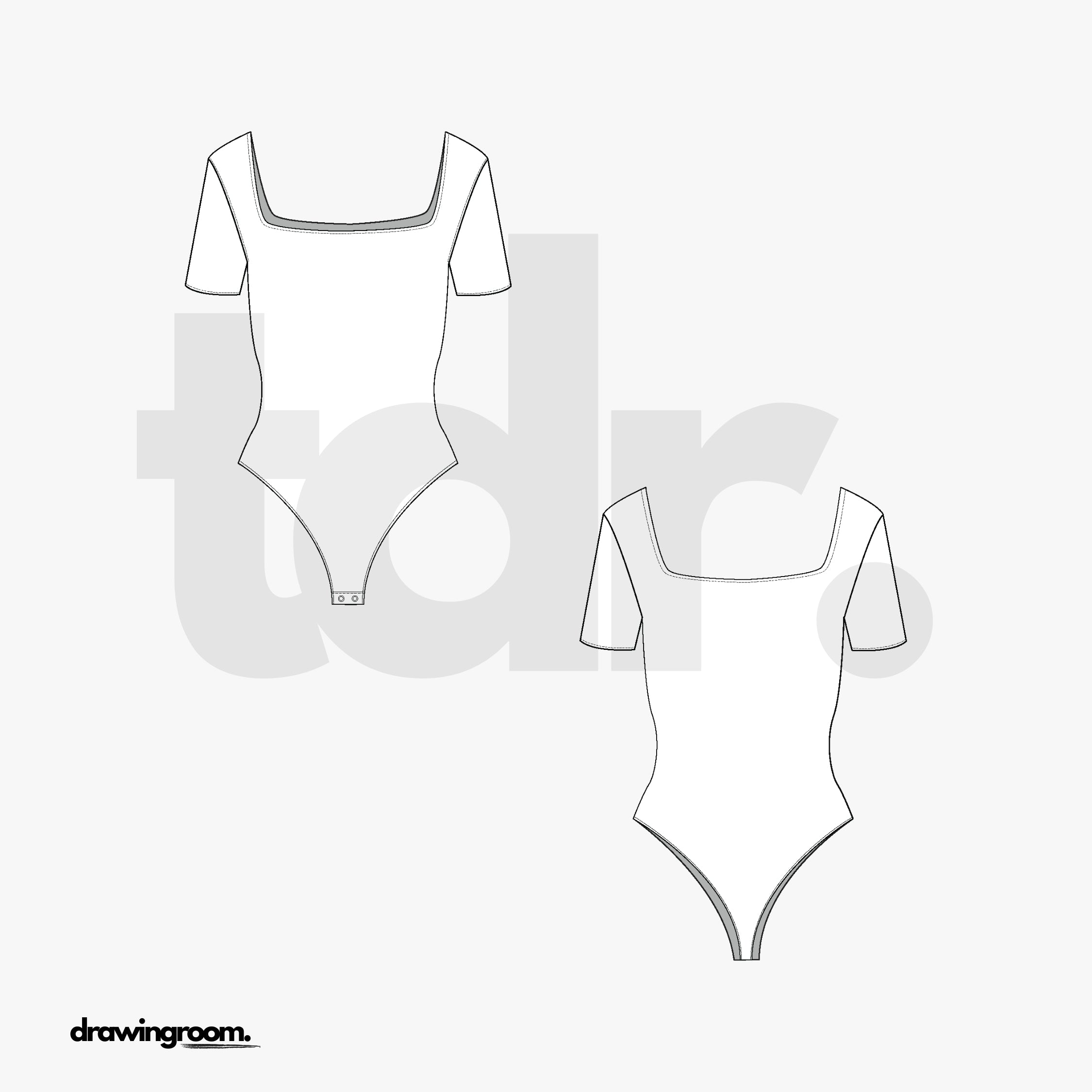 Front and Back Square Neck Short Sleeve Thong Body Suit - Flat Mockup Vector