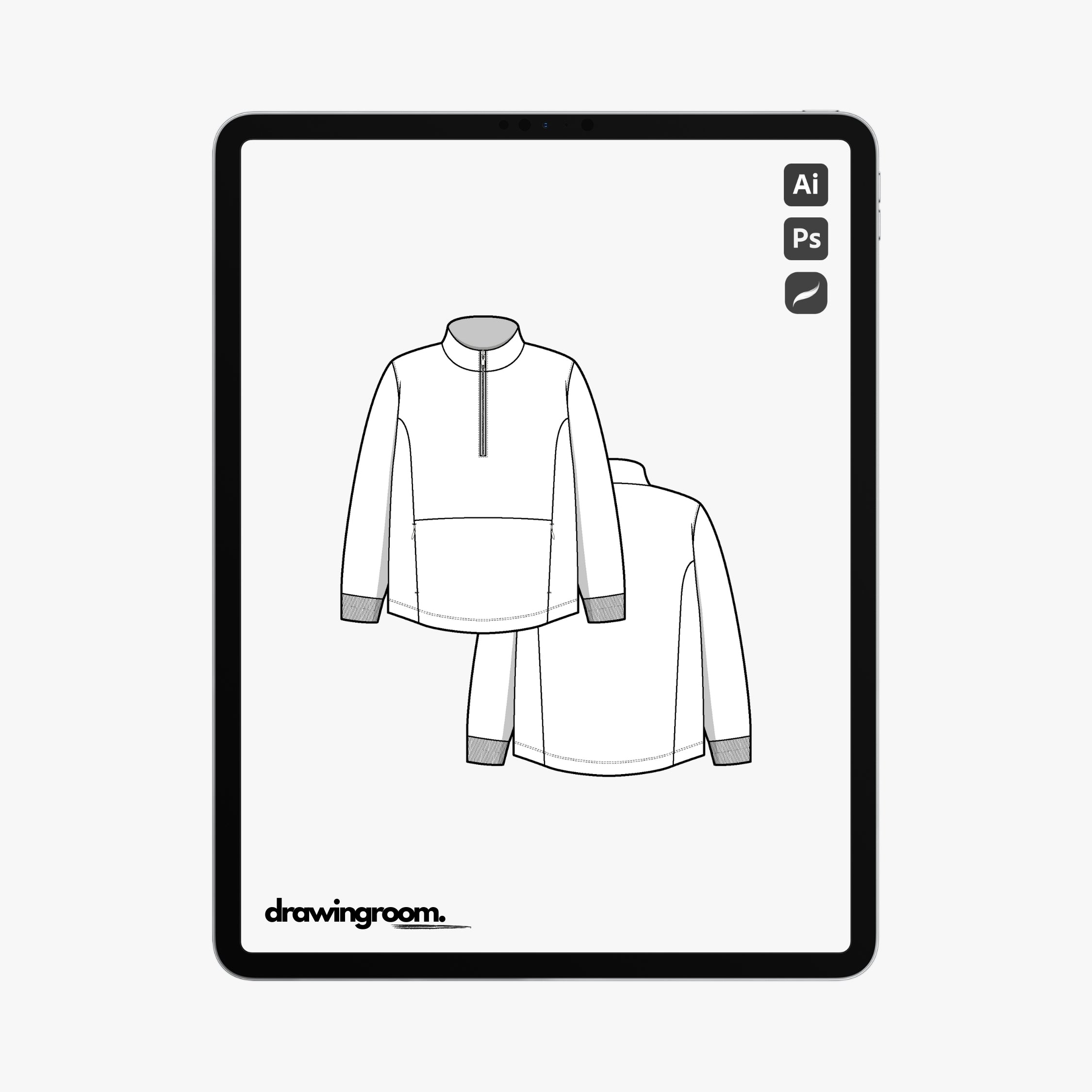 Half Zip Pullover Sweater with Zip Kangaroo Pocket - Flat Mockup Vector