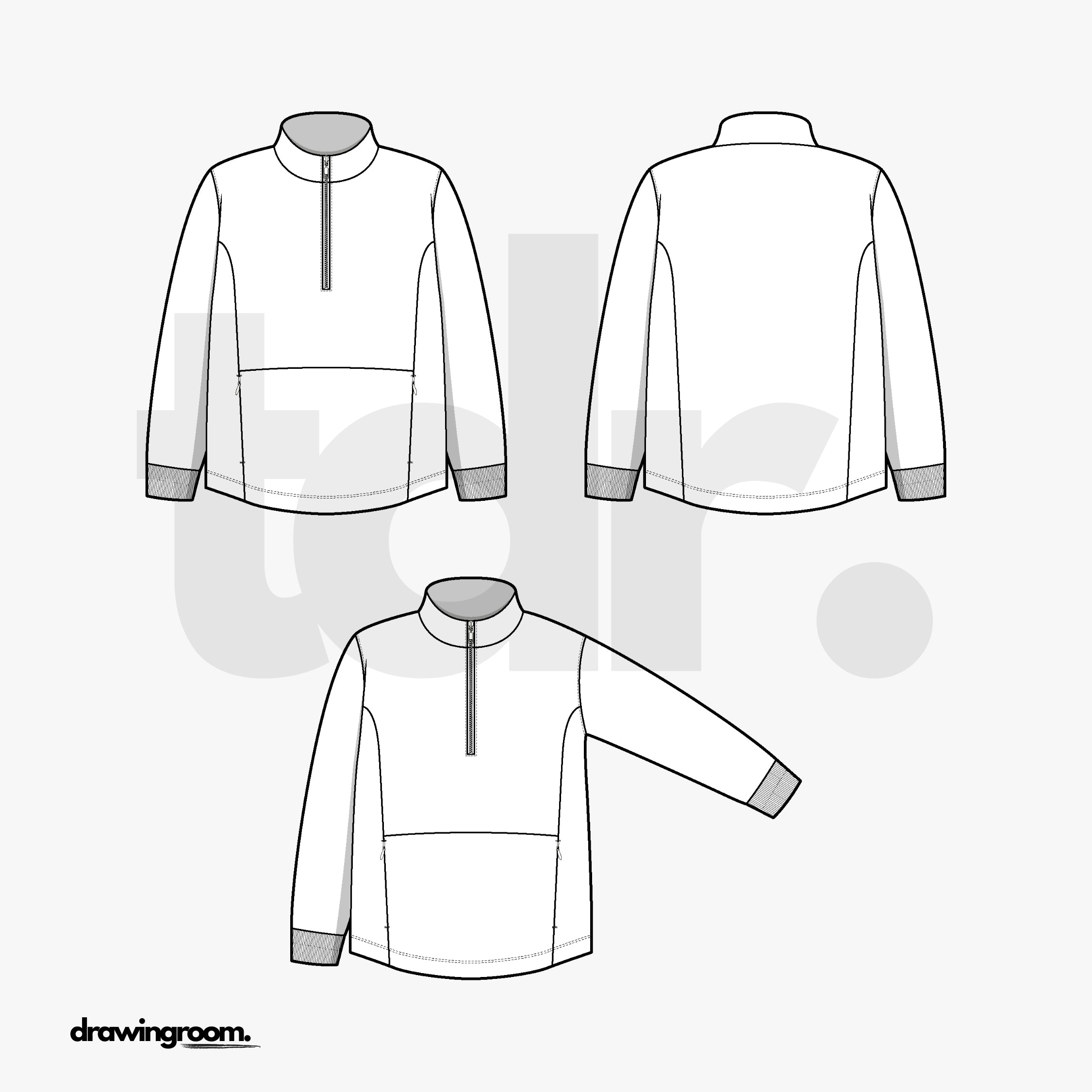 Half Zip Pullover Sweater with Zip Kangaroo Pocket - Flat Mockup Vector