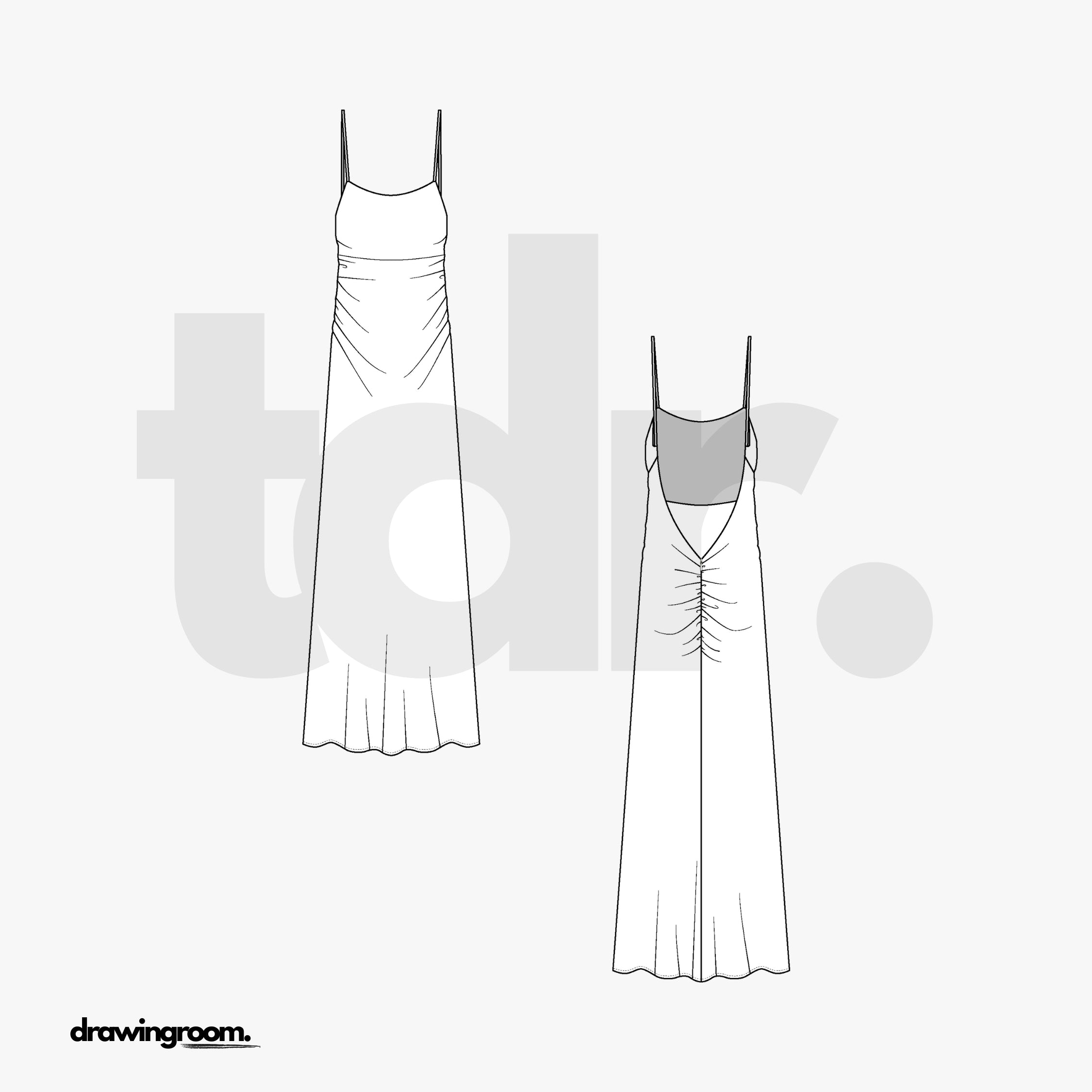 Maxi Dress with Empire Waist and Deep V Back - Flat Mockup Vector