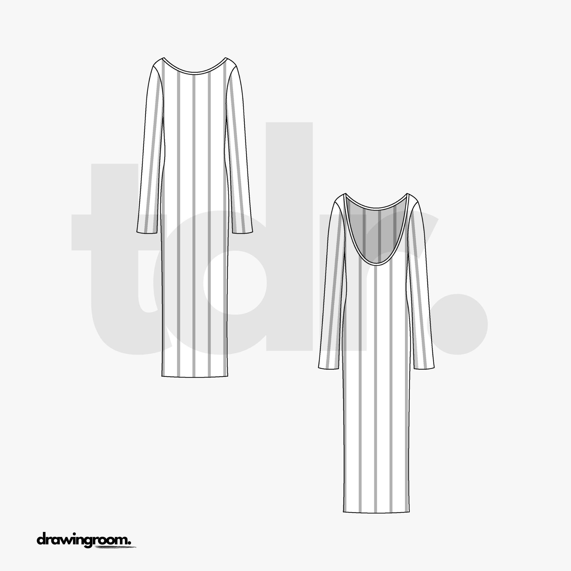 Midi Fitted Long Sleeve Dress with Deep Back - Flat Mockup Vector