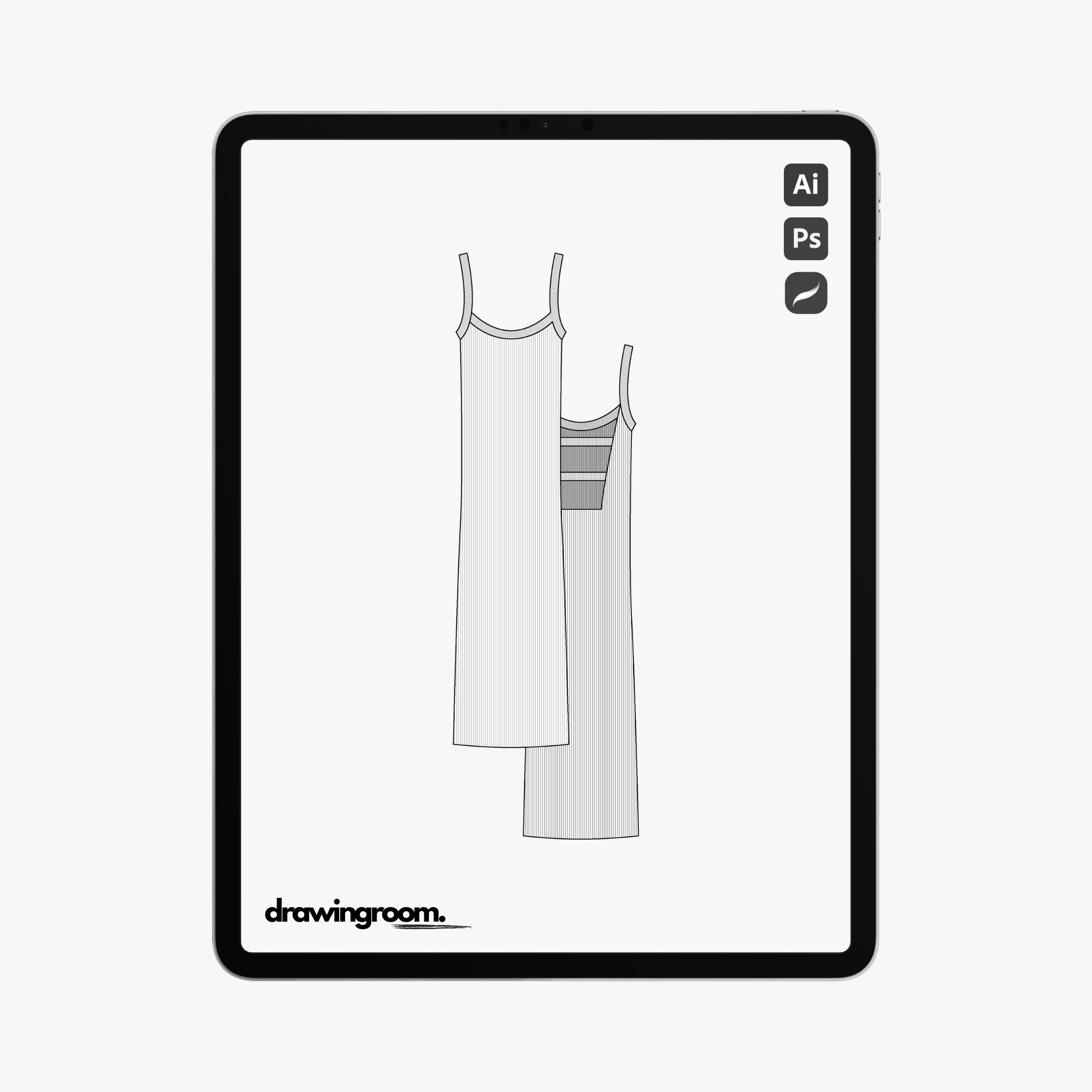 Midi Ribbed Spaghetti Strap Dress - Flat Mockup Vector