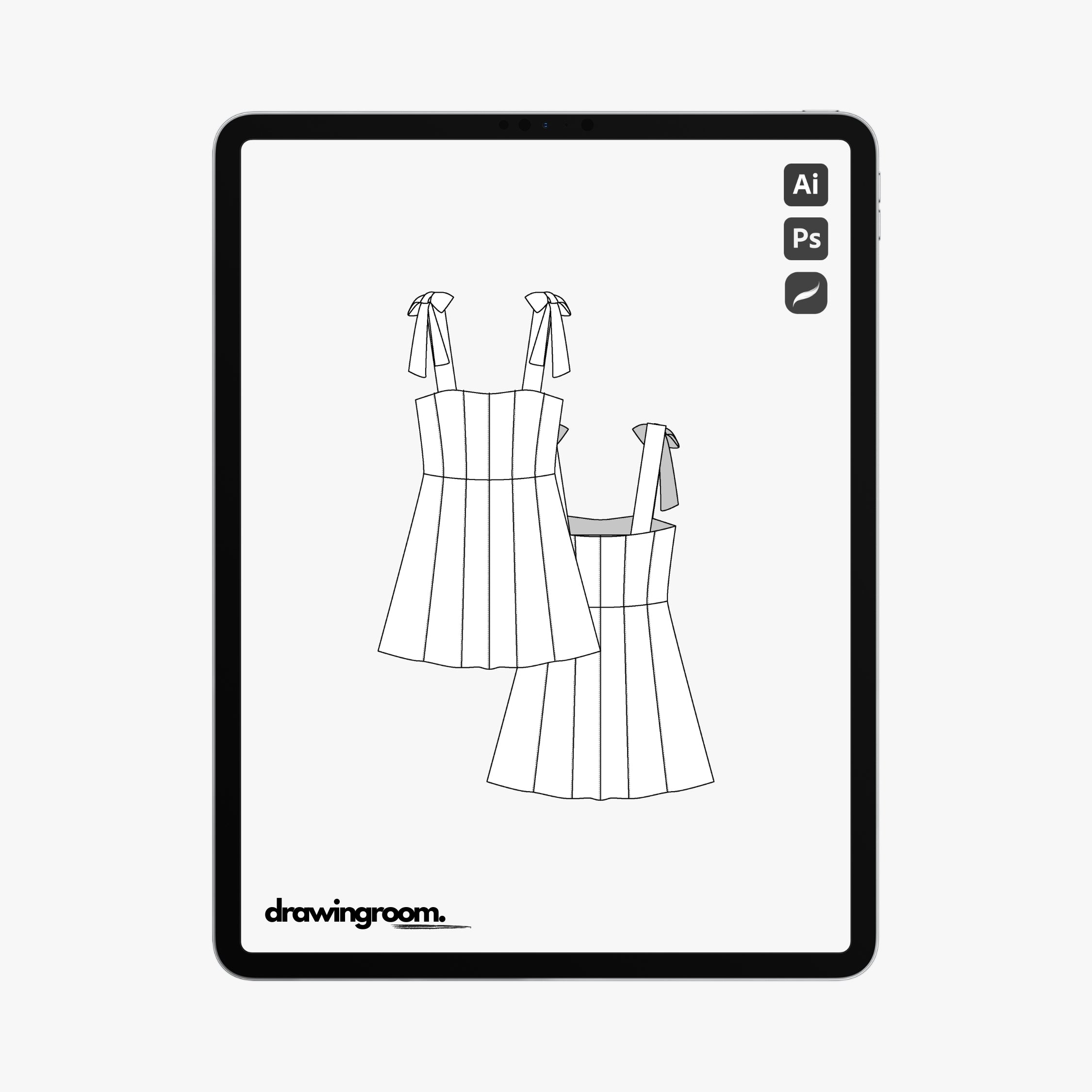 Mini A-Line Panel Dress with Bow Straps - Flat Mockup Vector