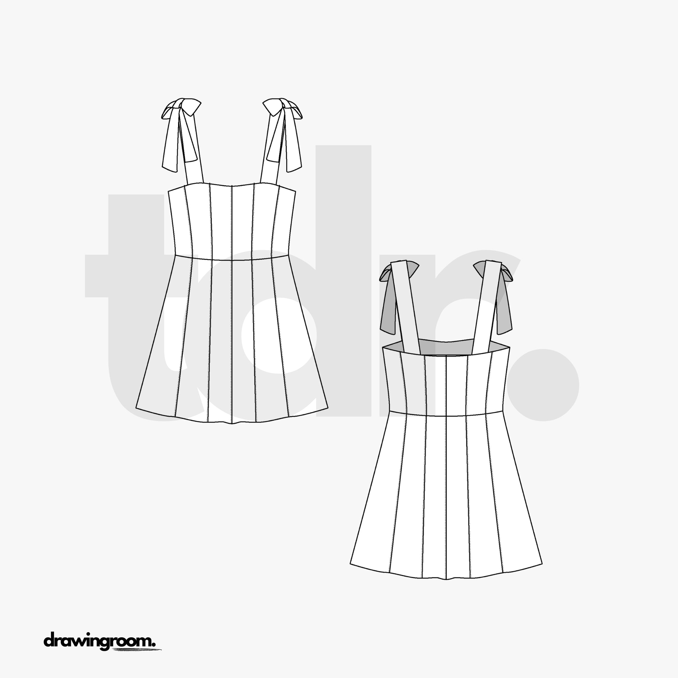 Mini A-Line Panel Dress with Bow Straps - Flat Mockup Vector