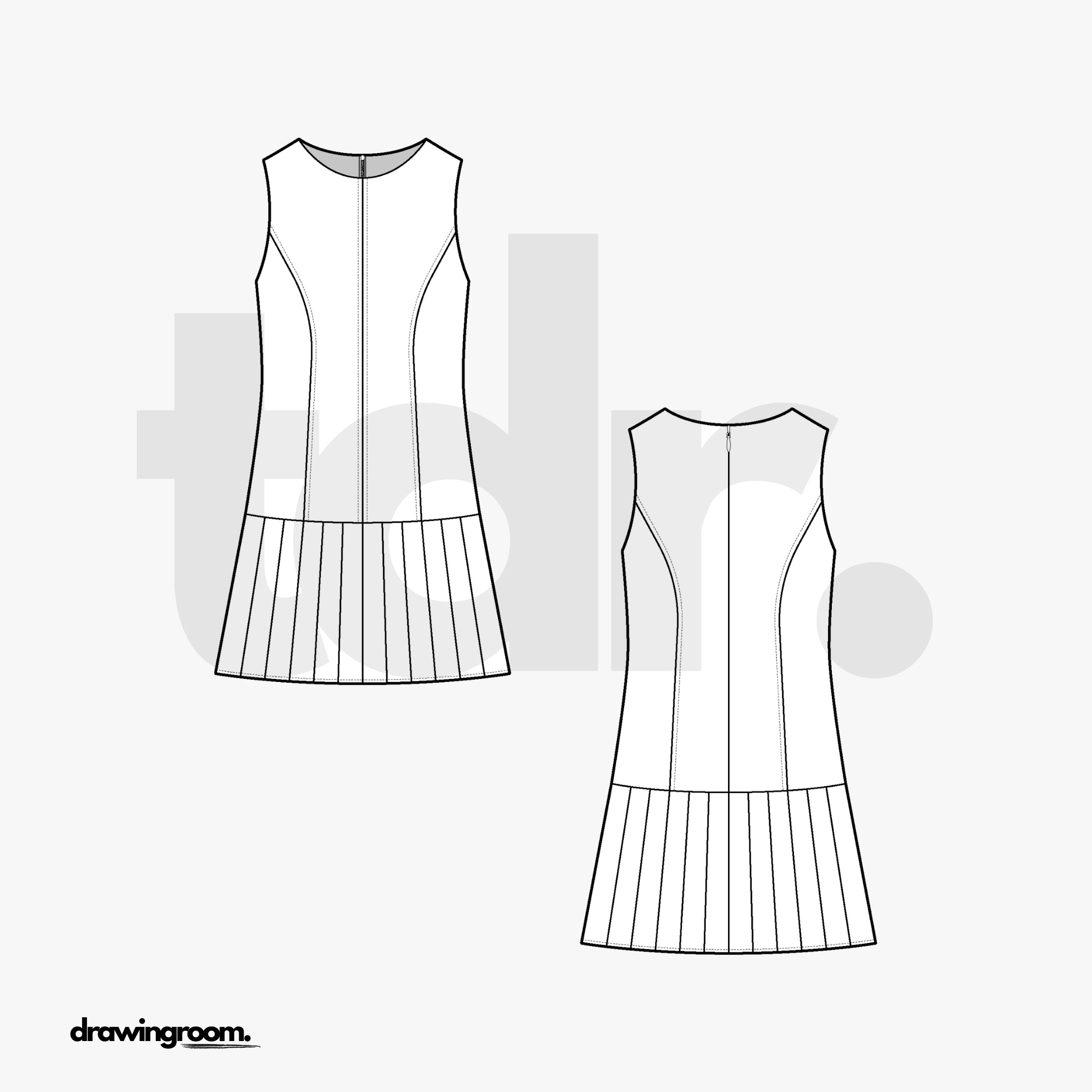 Mini Dropped Waist Dress with Princess Seam and Pleated Skirt - Flat Mockup Vector