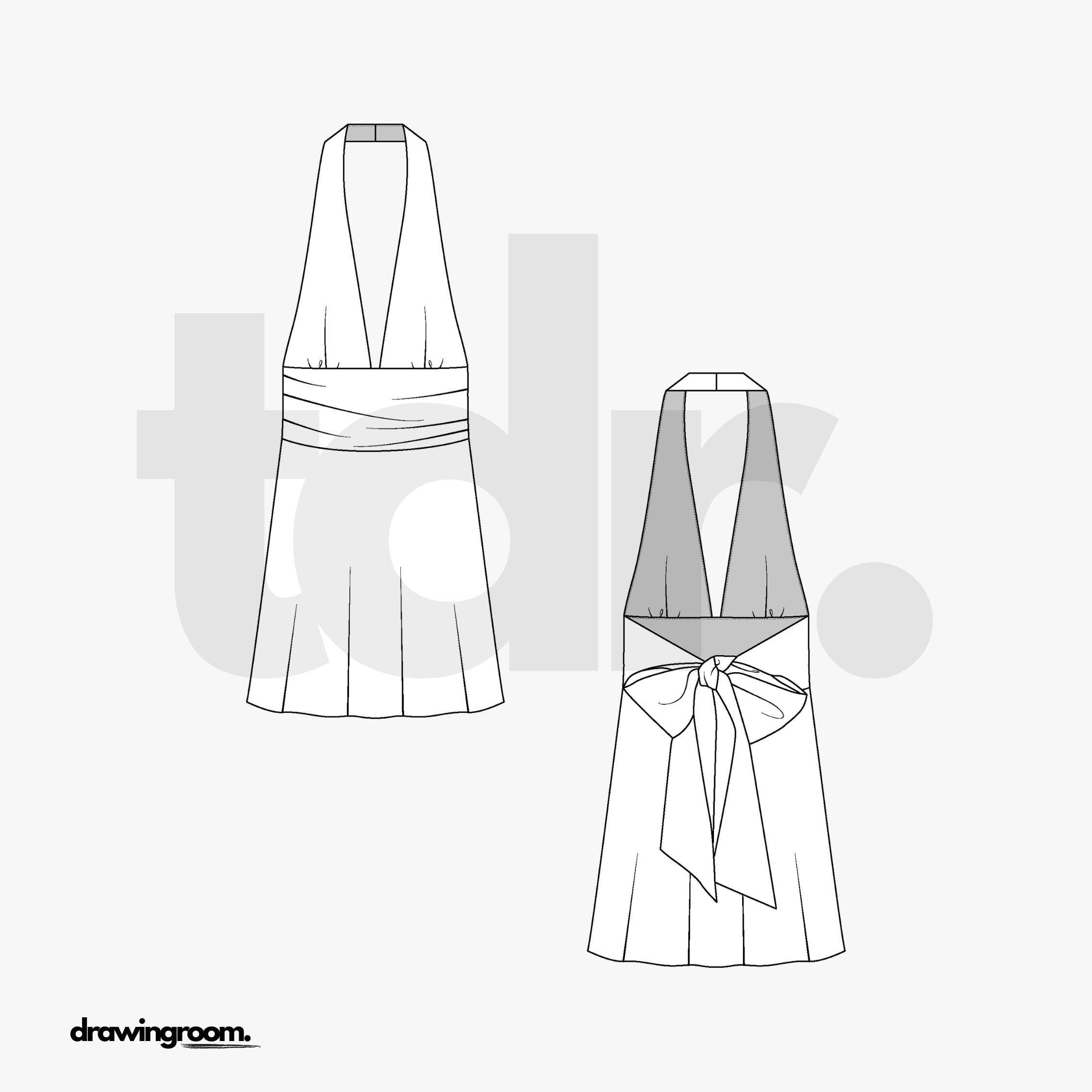 Mini Empire Waist Dress with Halter Top and Bow - Flat Mockup Vector