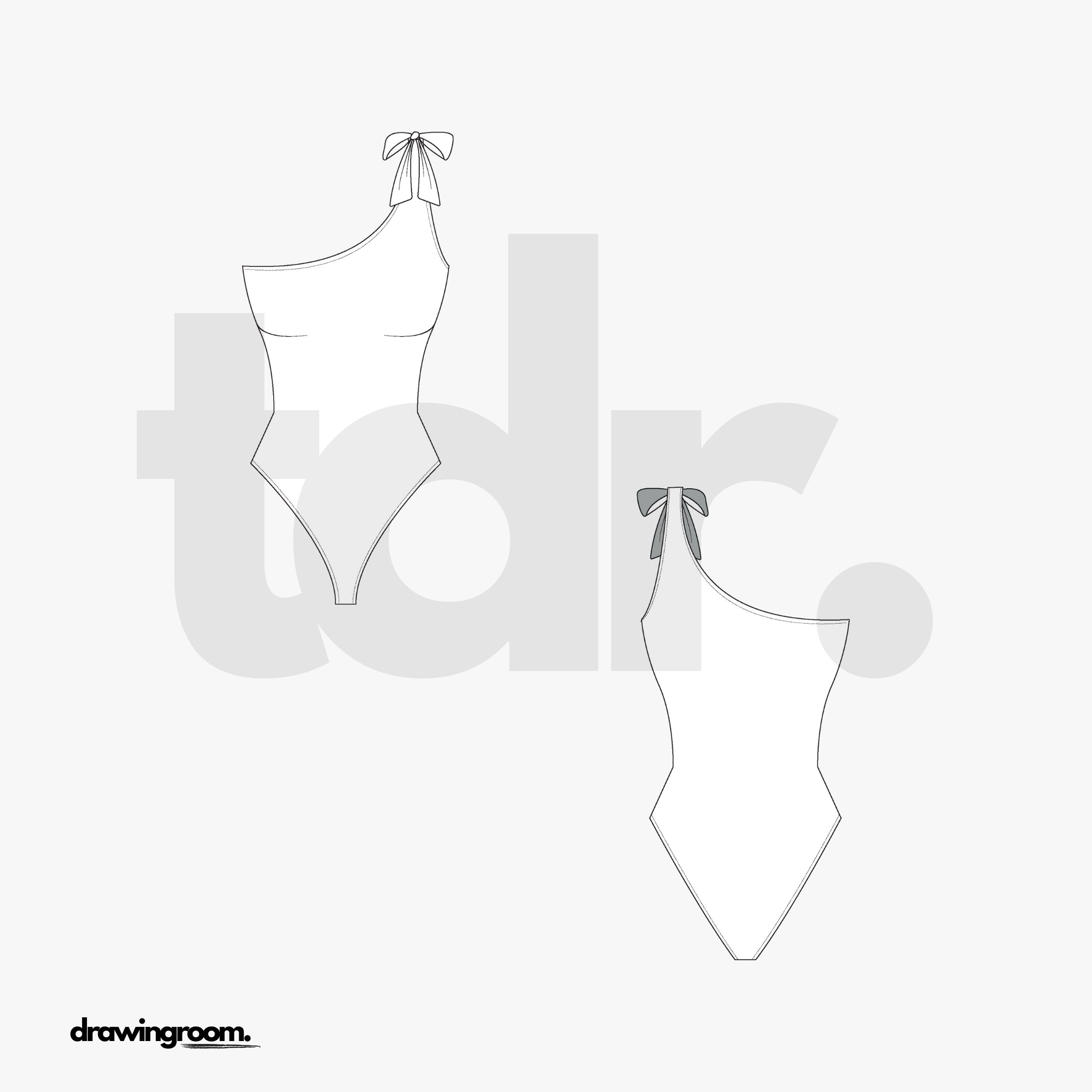 One Shoulder One Piece Swim Suit with Bow - Flat Mockup Vector