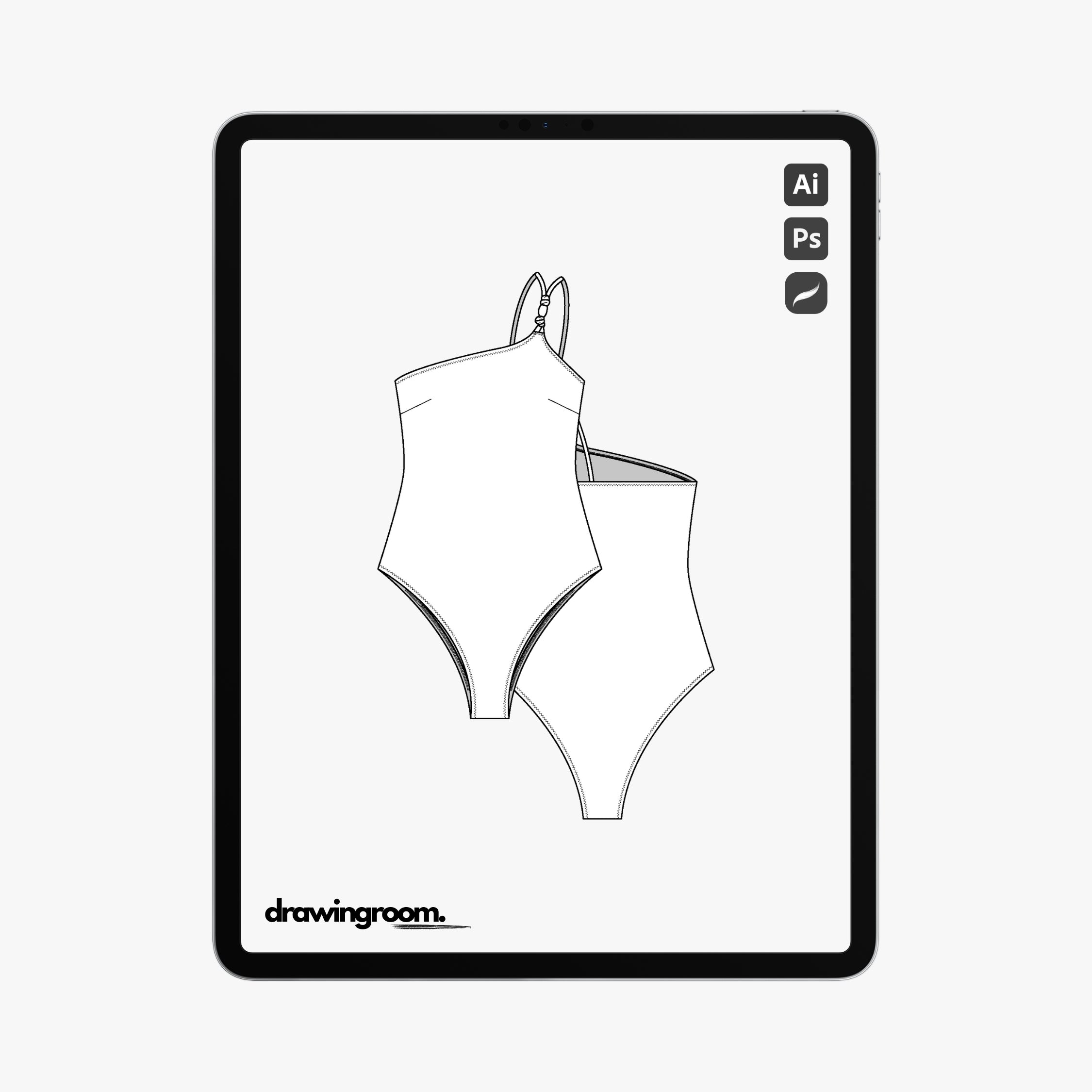 One Shoulder Spaghetti Strap One Piece Swim Suit - Flat Mockup Vector