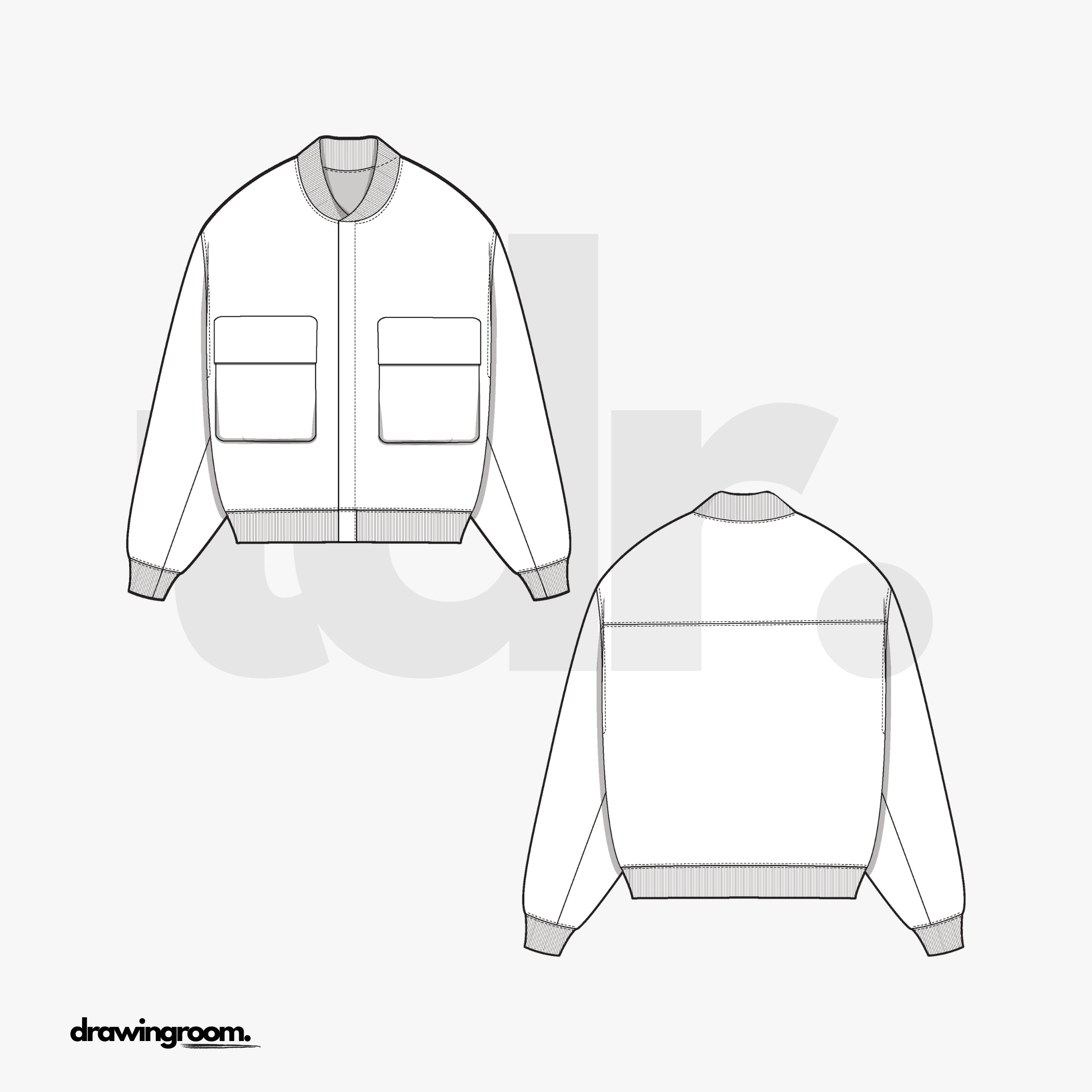 Oversized Bomber Zip Jacket with Patch Pockets - Flat Mockup Vector