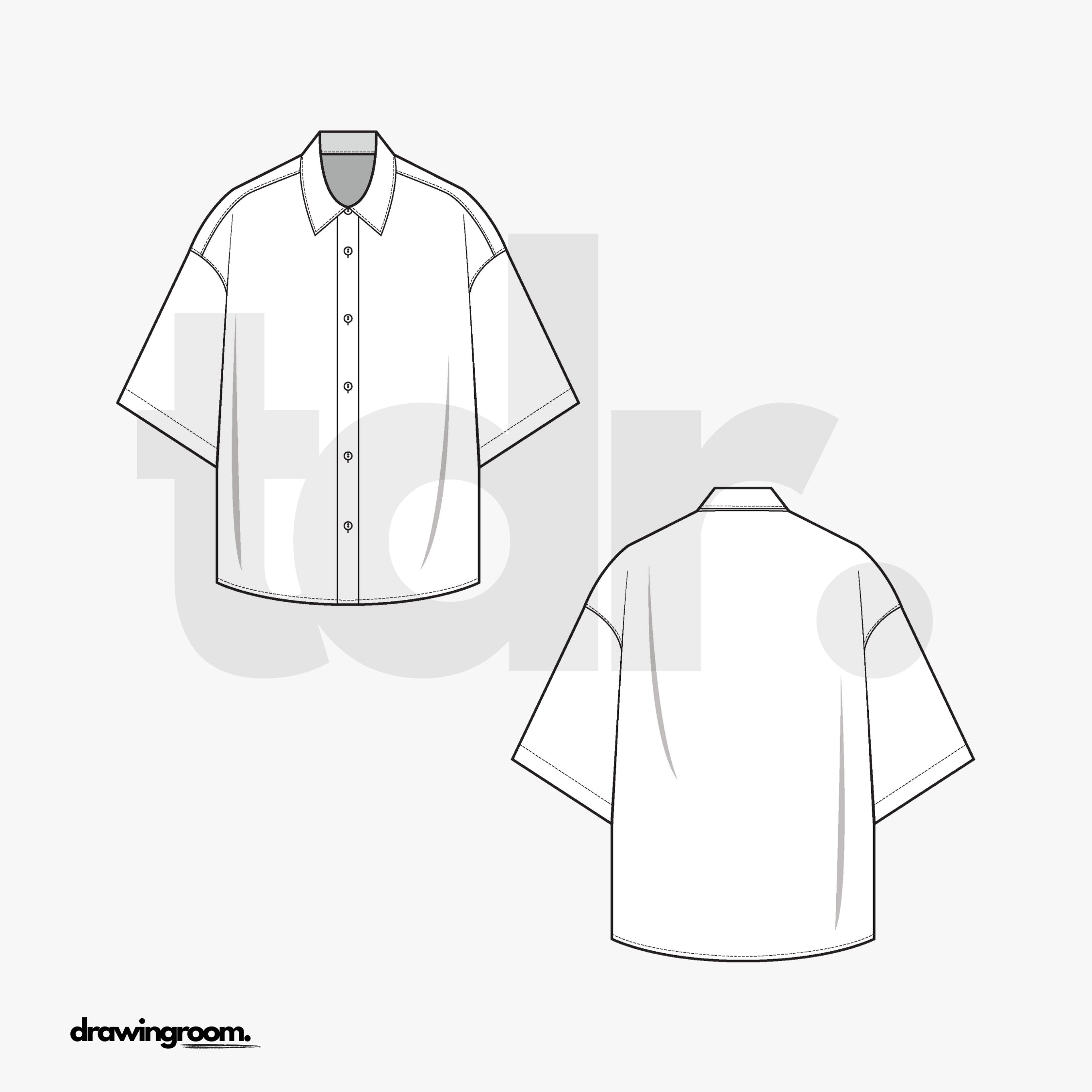 Oversized Short Sleeve Button Up with Drop Shoulder - Flat Mockup Vector