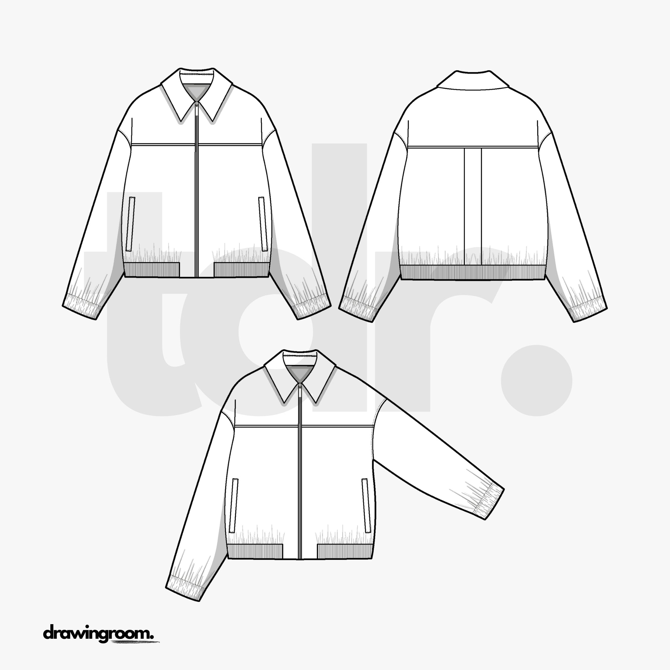 Oversize Fit Zip Up Bomber Jacket with Front and Back Yoke - Flat Mockup Vector