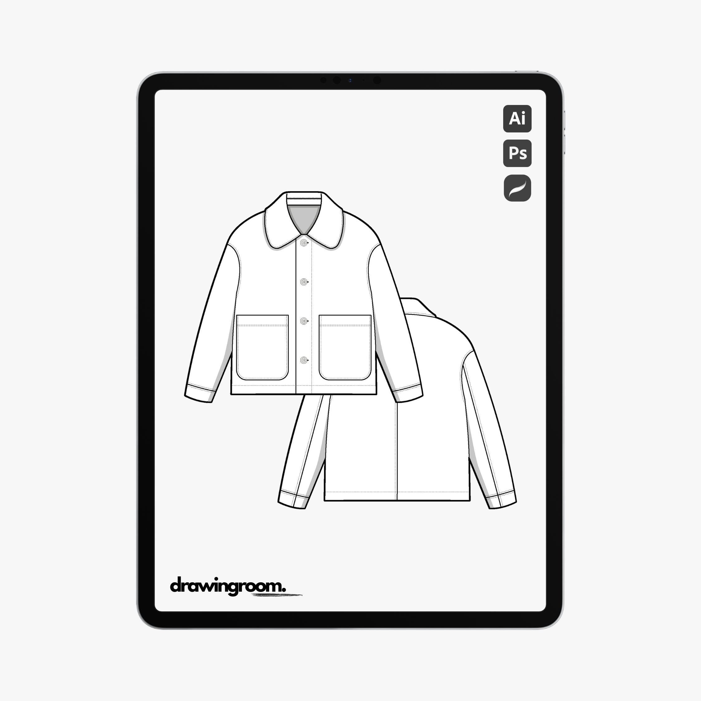 Oversized Button Up Carpenter Jacket with Patch Pockets - Flat Mockup Vector