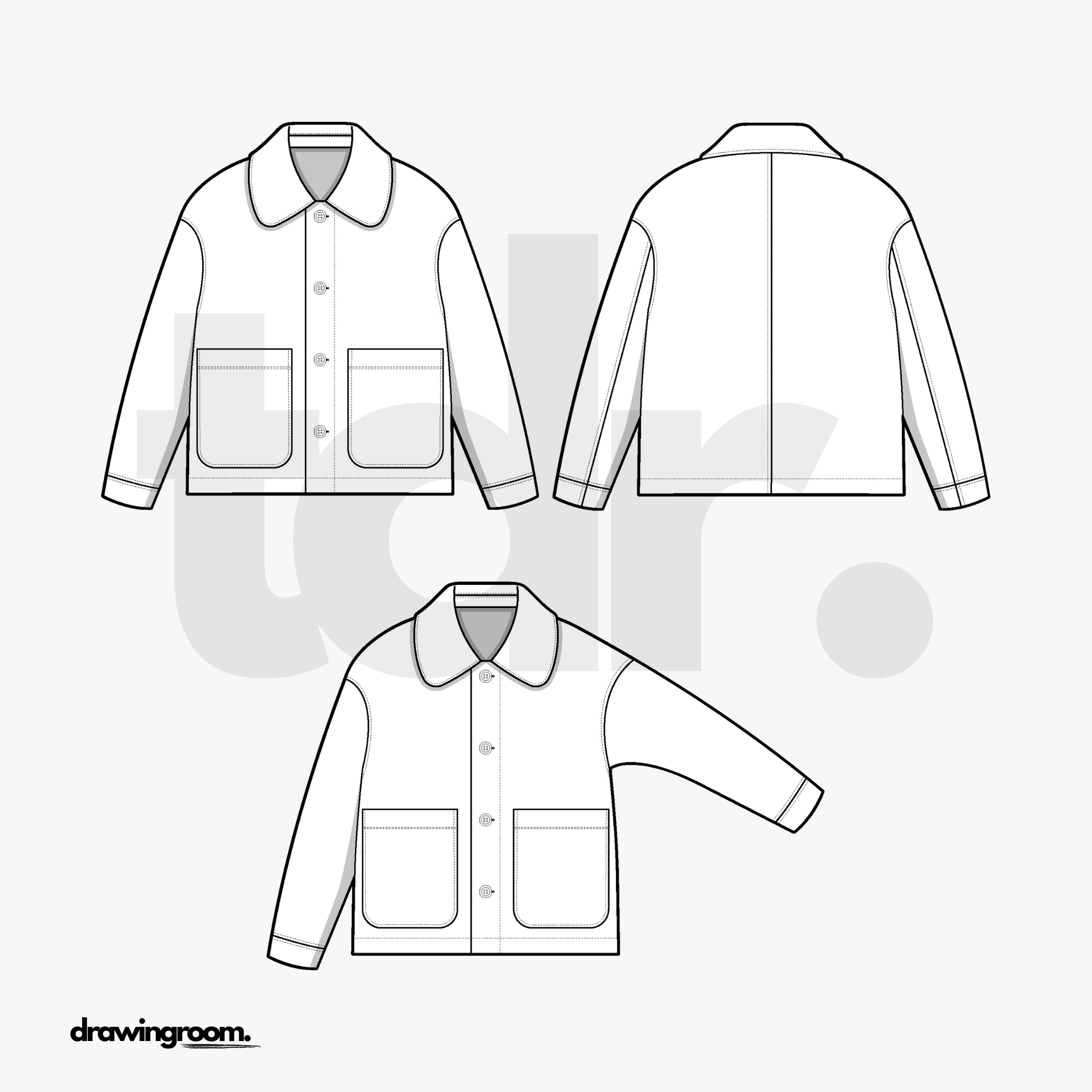 Oversized Button Up Carpenter Jacket with Patch Pockets - Flat Mockup Vector