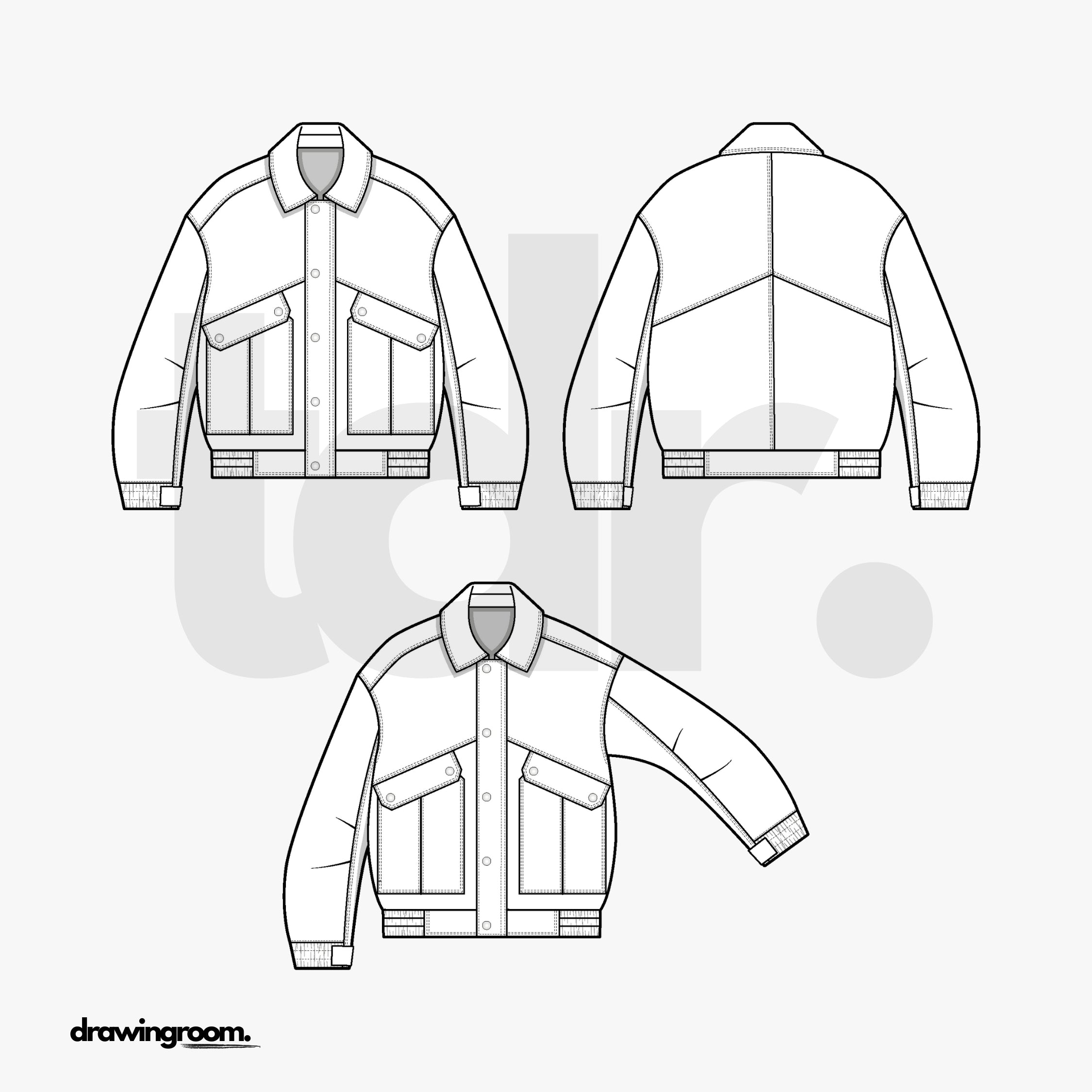 Oversized Button Up Jacket with Oversized Patch Pockets - Flat Mockup Vector