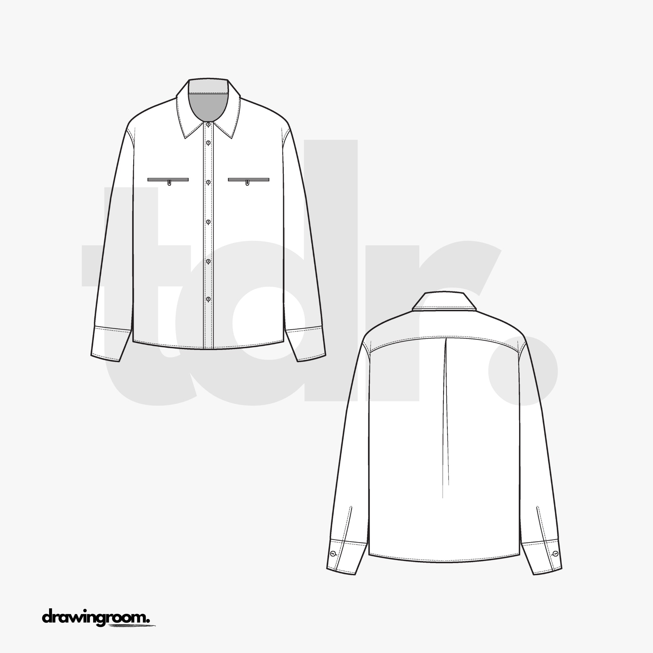 Oversized Long Sleeve Button Up with Double Welt Pockets - Flat Mockup Vector