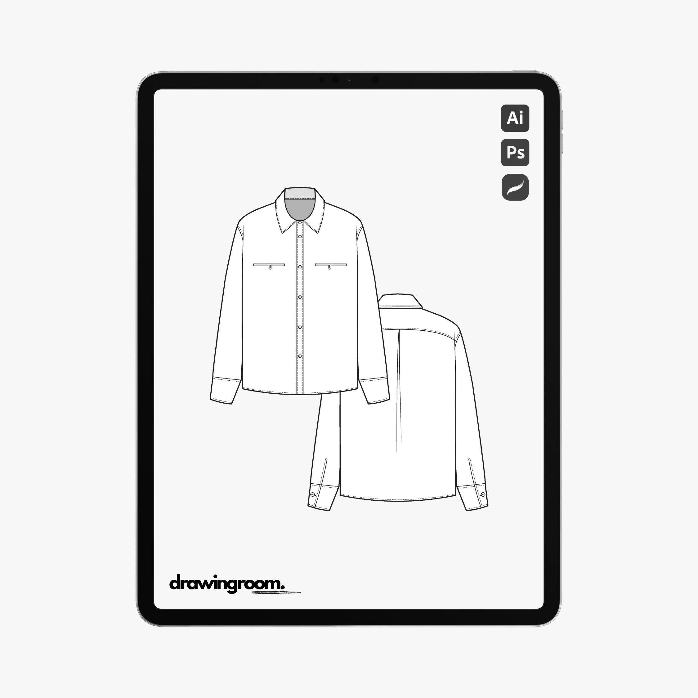 Oversized Long Sleeve Button Up with Double Welt Pockets - Flat Mockup Vector