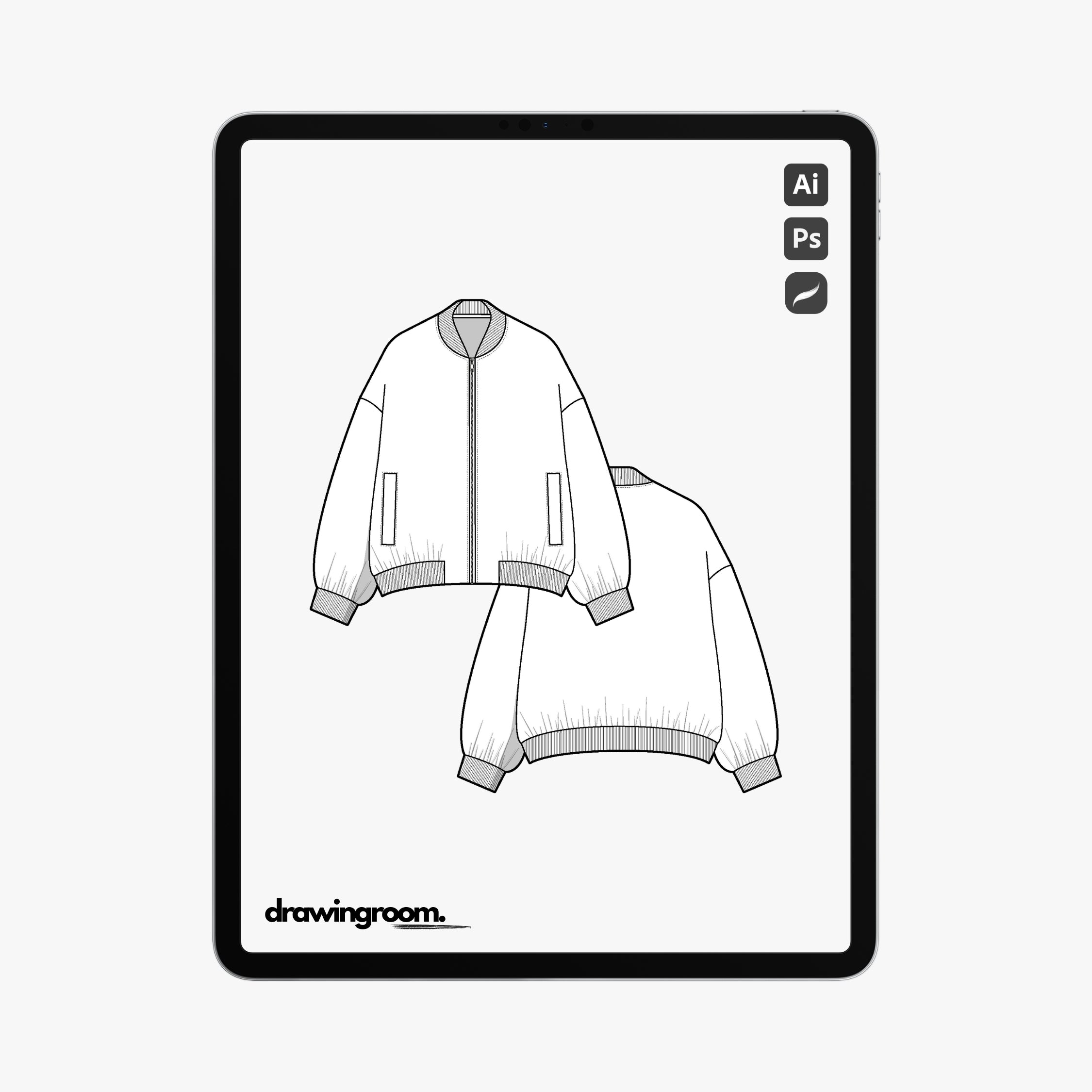 Oversized Fit Bomber Jacket with Welt Pockets - Flat Mockup Vector