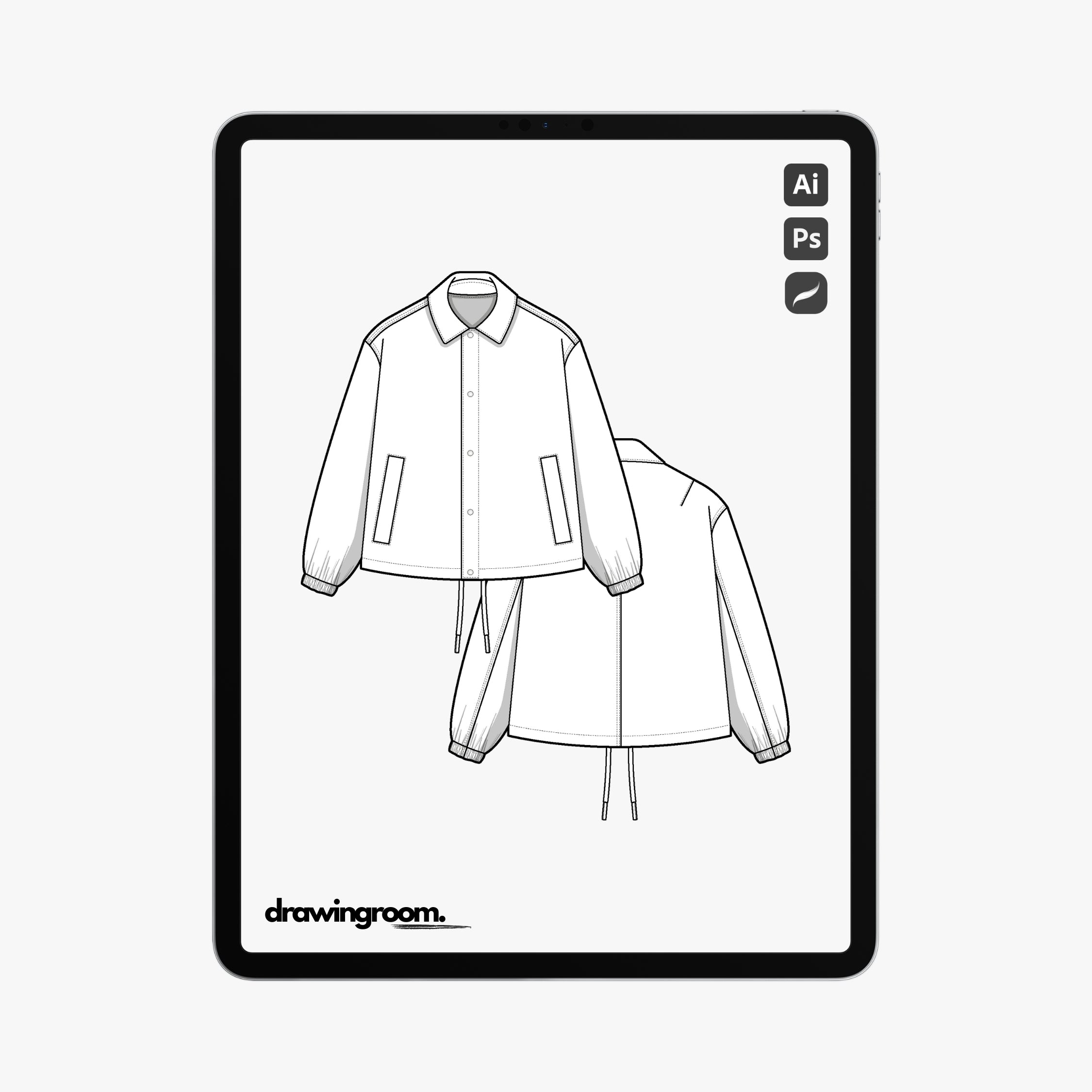 Oversized Fit Button Up Jacket with Drawstring Hem - Flat Mockup Vector