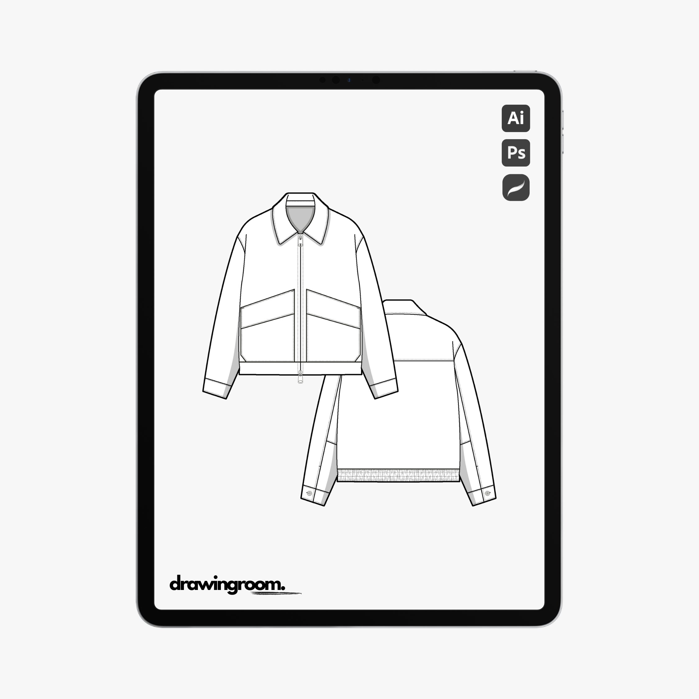 Oversized Fit Double End Zipper Jacket with Elastic Back Hem - Flat Mockup Vector