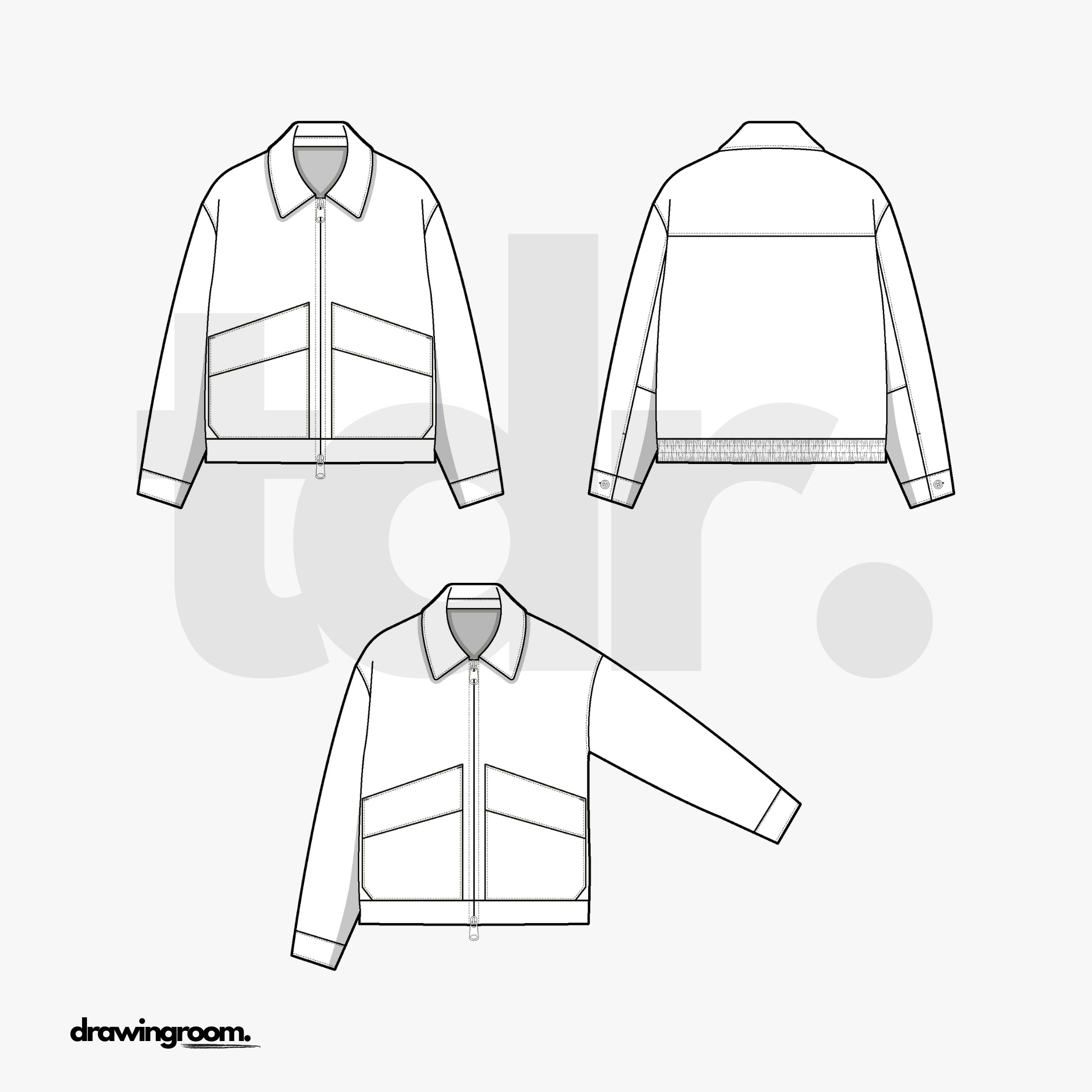 Oversized Fit Double End Zipper Jacket with Elastic Back Hem - Flat Mockup Vector