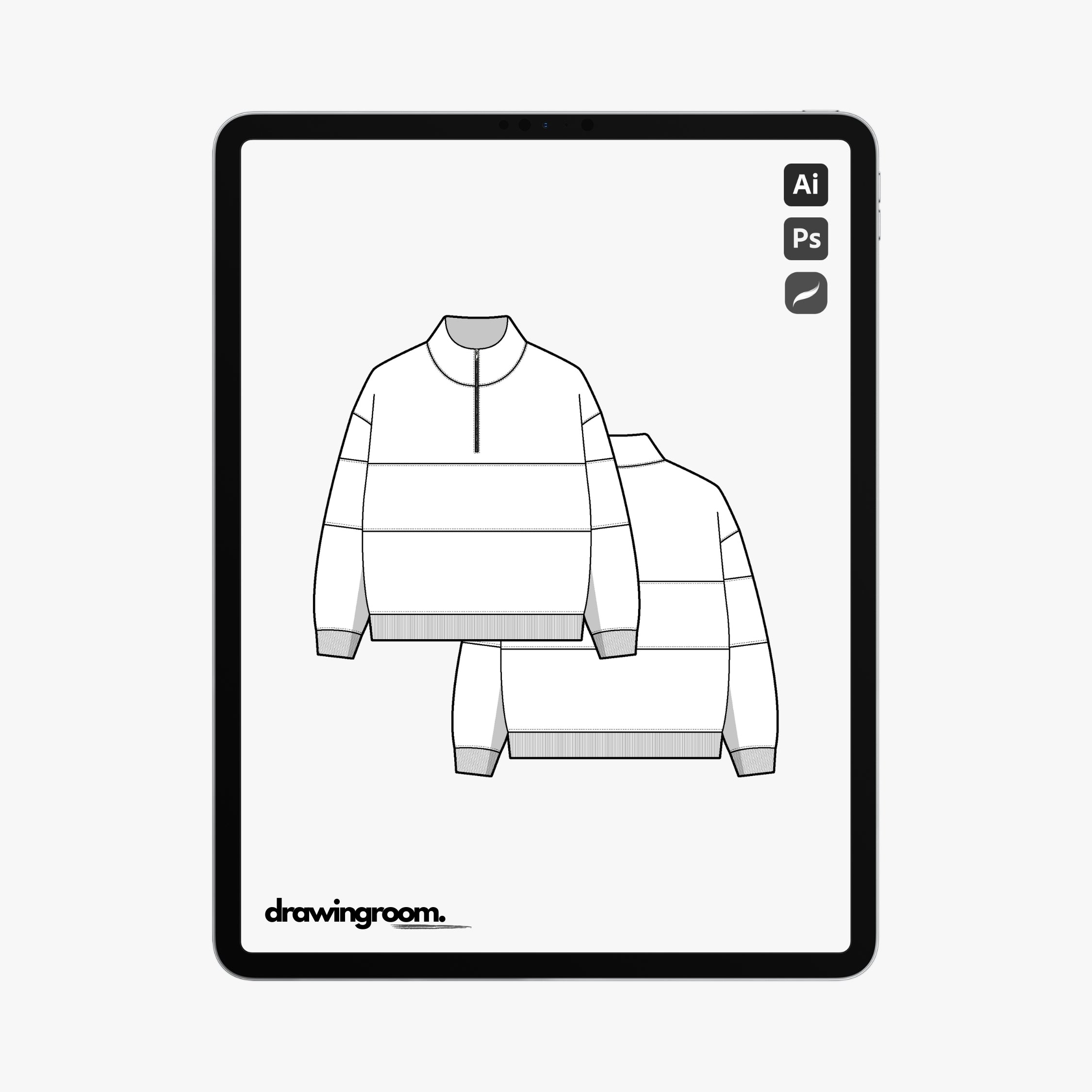 Oversized Fit Half Zip Pullover Sweater with Cut and Sew Detail - Flat Mockup Vector