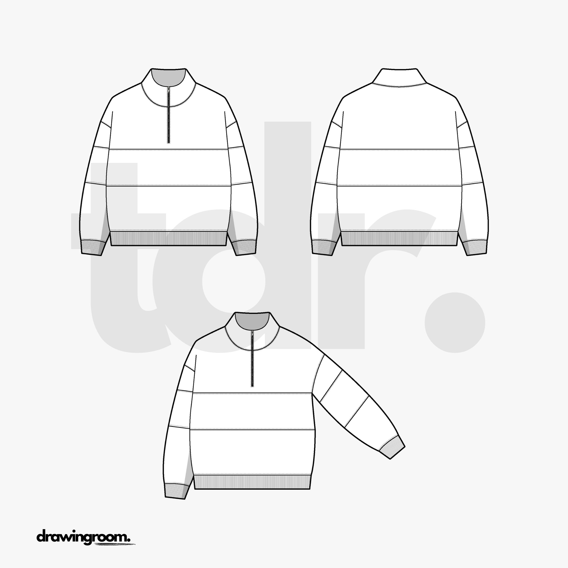 Oversized Fit Half Zip Pullover Sweater with Cut and Sew Detail - Flat Mockup Vector