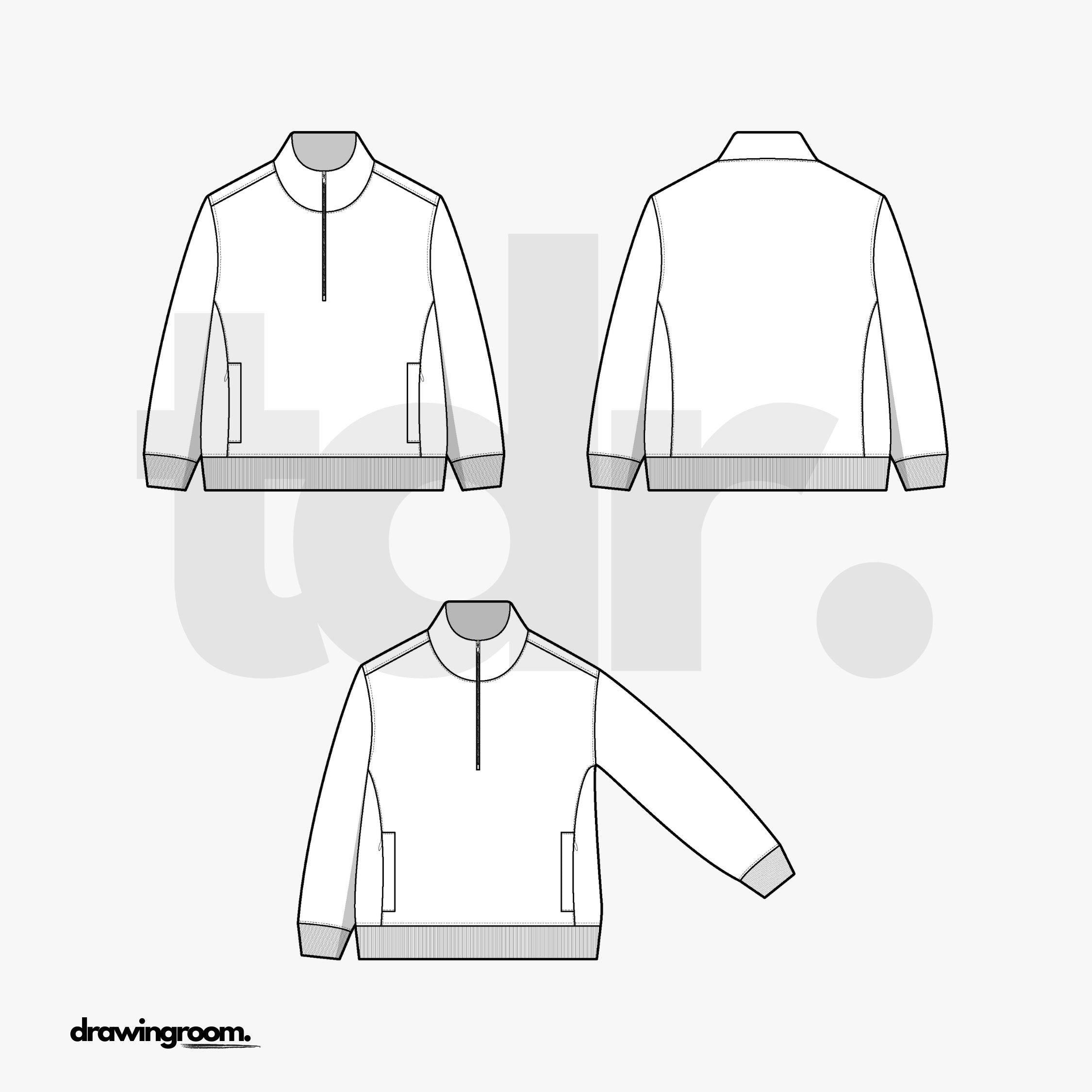 Oversized Fit Half Zip Pullover Sweater with Welt Pockets - Flat Mockup Vector