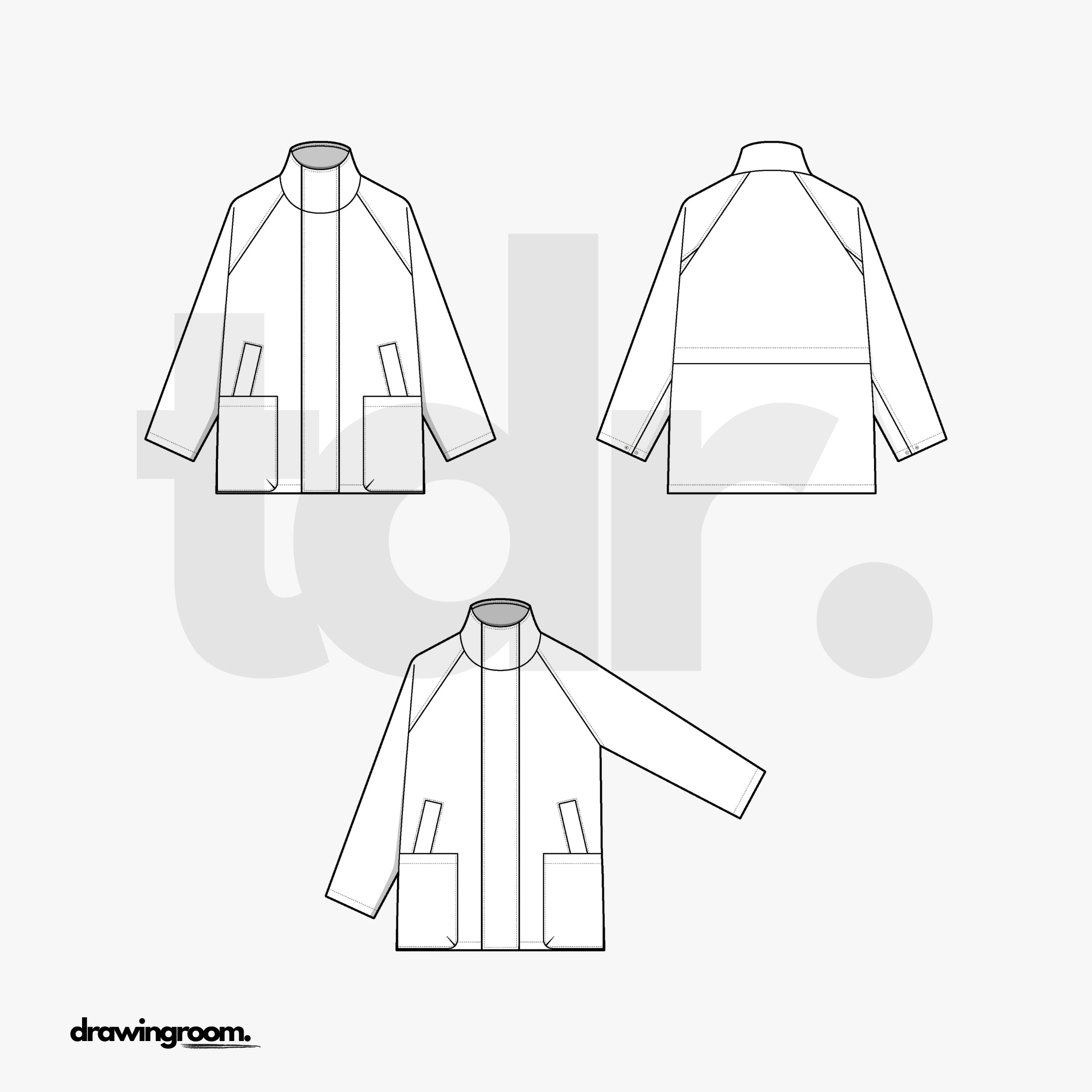 Oversized Fit Mid Length Jacket with Hidden Closure Placket - Flat Mockup Vector