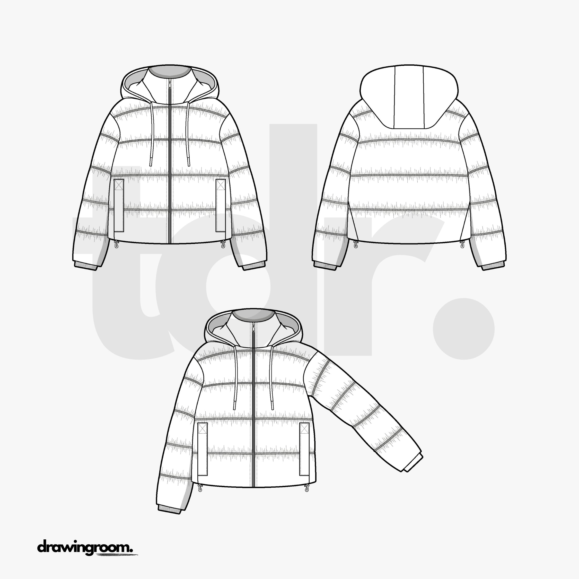 Oversized Fit Puffer Jacket with Drawstring Hood - Flat Mockup Vector