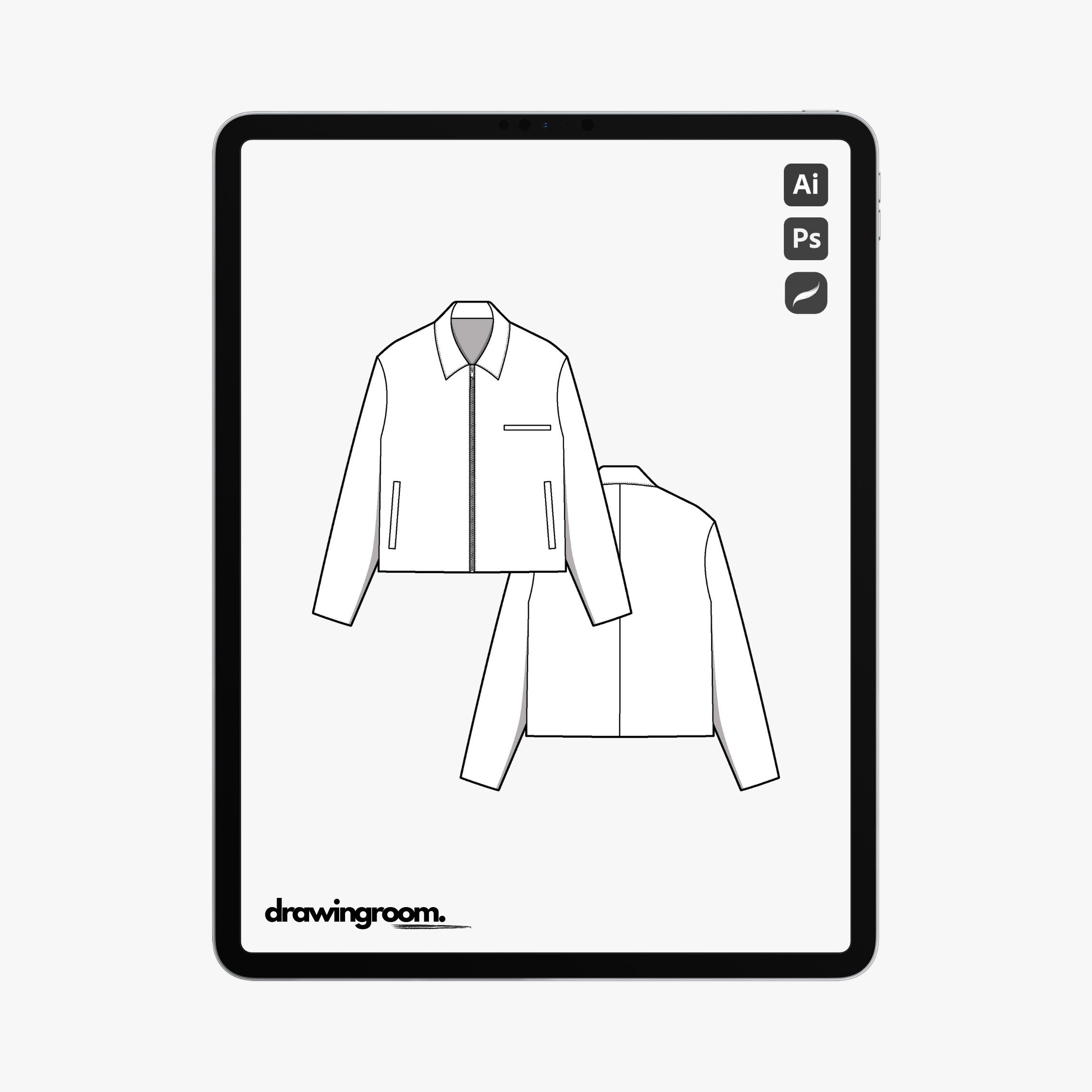 Oversized Fit Zip Up Harrington Jacket with Welt Pockets - Flat Mockup Vector