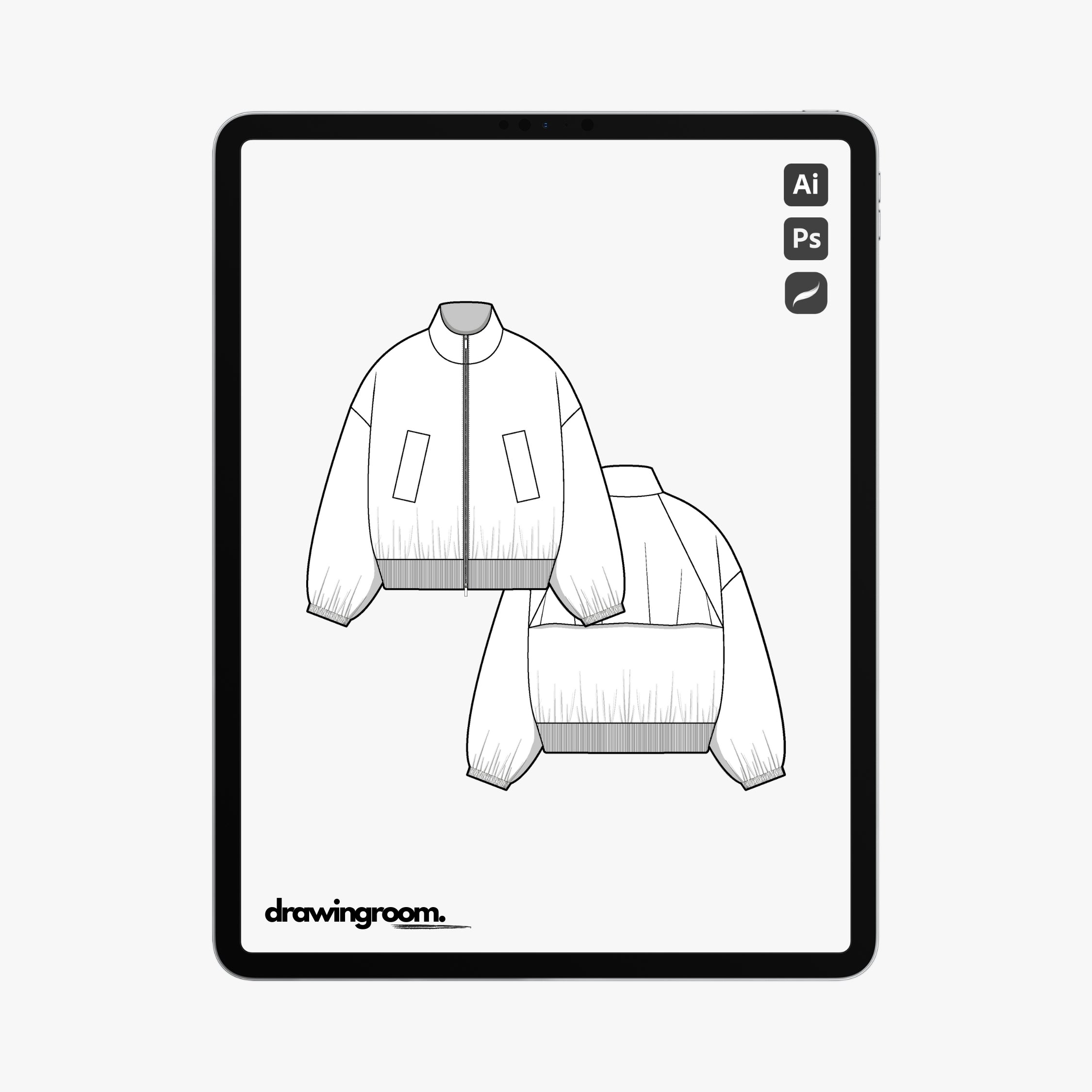 Oversized Zip Up Bomber Jacket with Back Storm Shield - Flat Mockup Vector