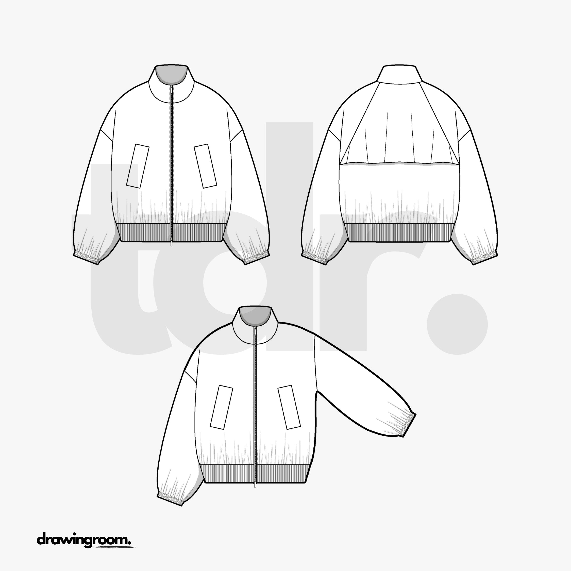 Oversized Zip Up Bomber Jacket with Back Storm Shield - Flat Mockup Vector