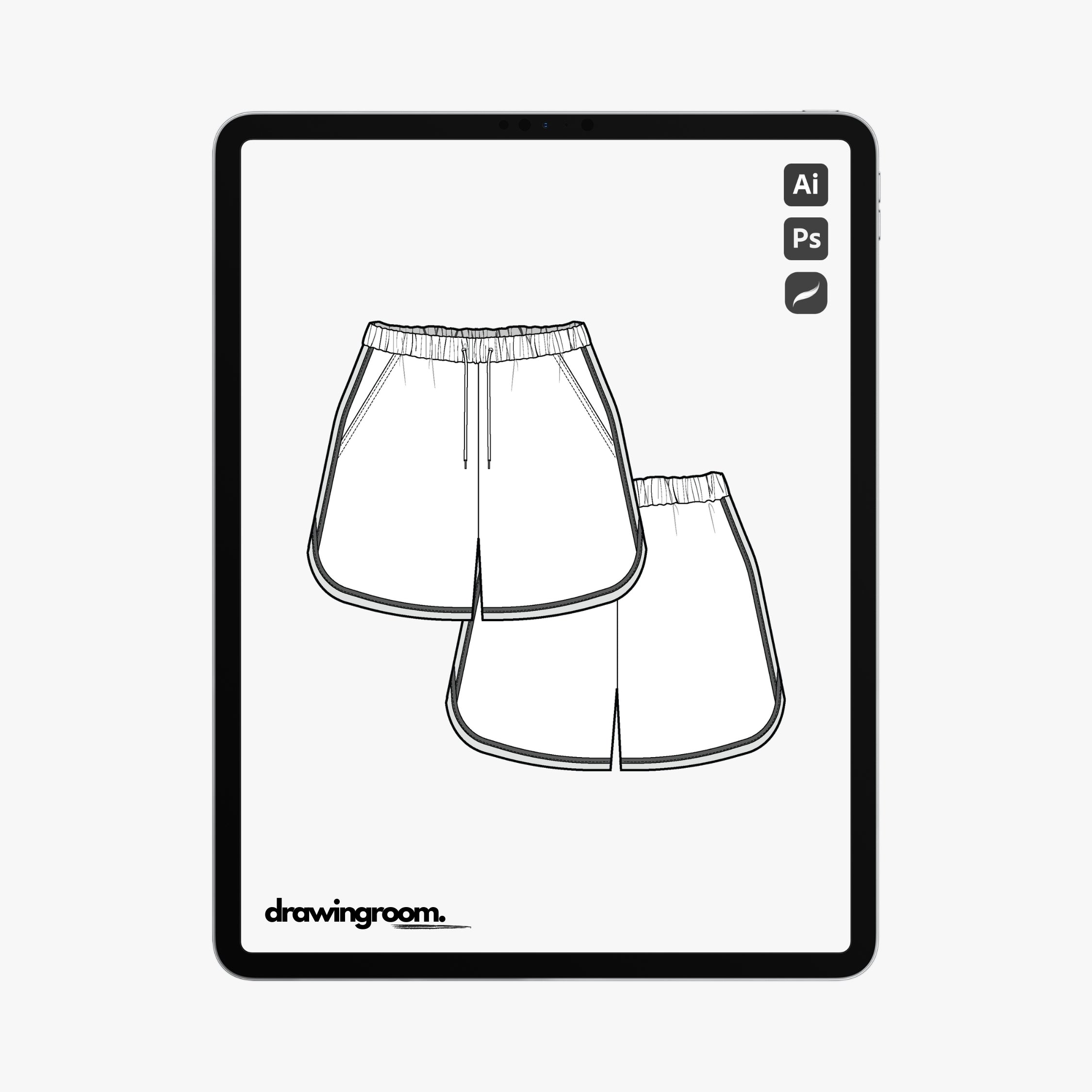 Curved Hem Sports Shorts with Elastic Waistband - Flat Mockup Vector