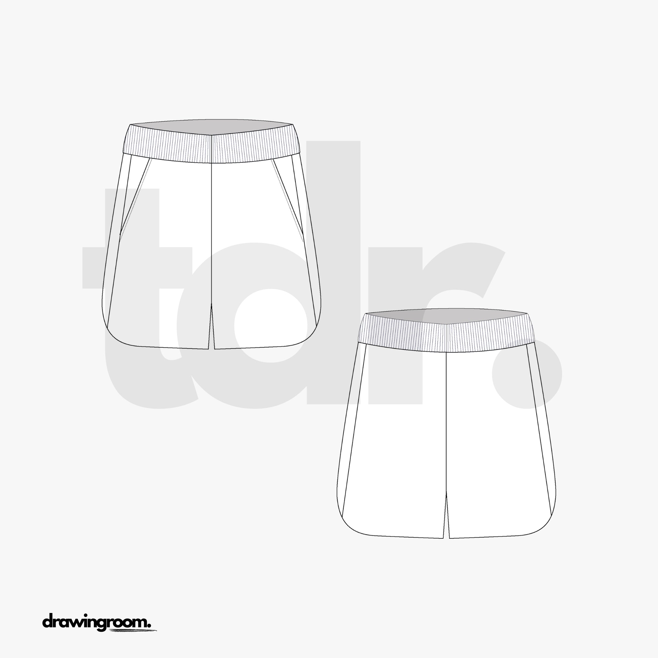 Relaxed Curved Hem Sports Shorts with Ribbed Waistband - Flat Mockup Vector