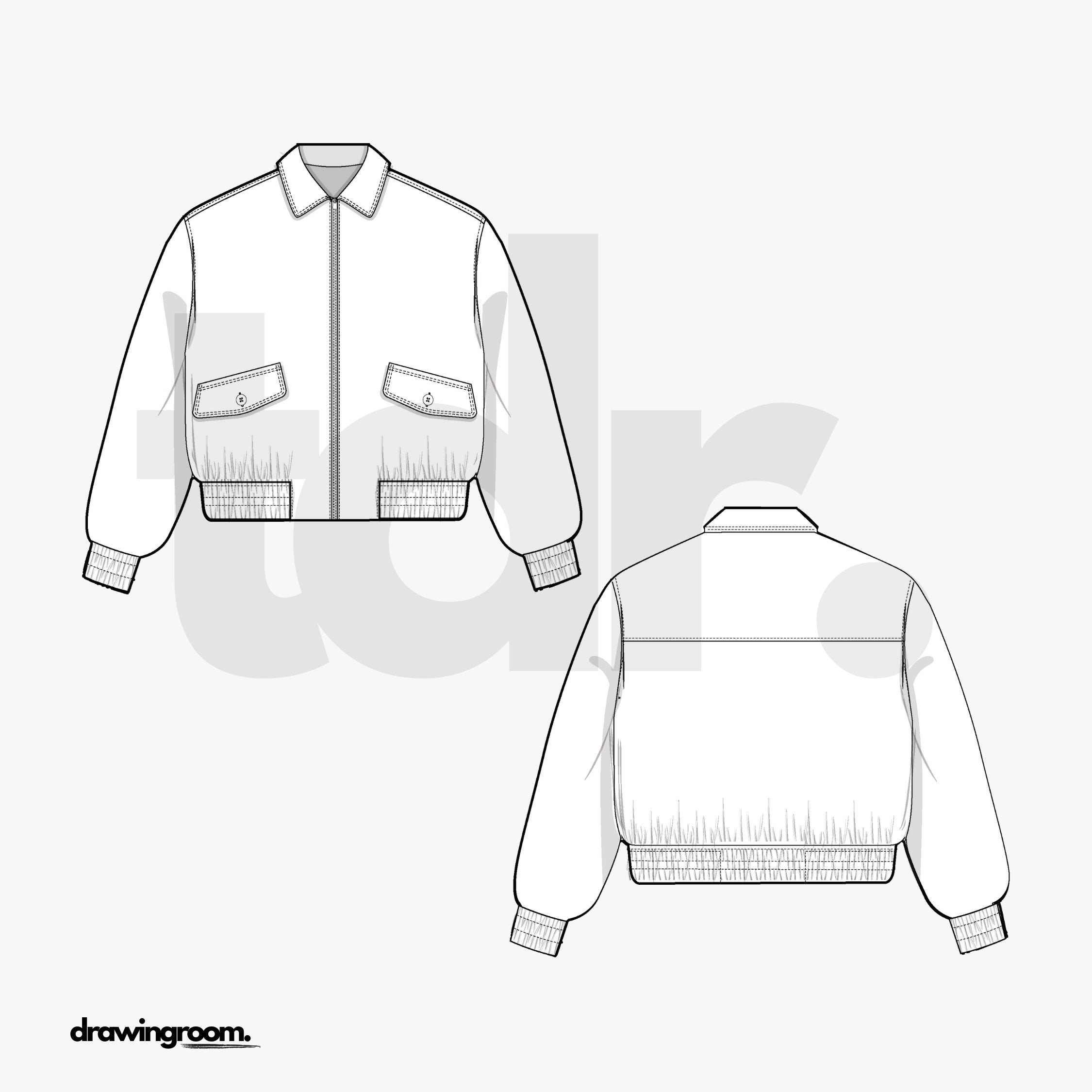 Relaxed Bomber Zip Jacket with Convertible Collar and Flap Pockets - Flat Mockup Vector