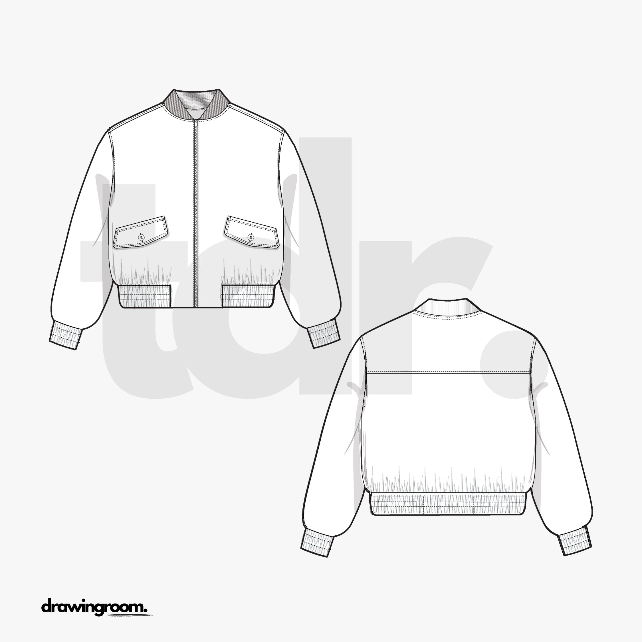 Relaxed Bomber Zip Jacket with Ribbed Collar and Flap Pockets - Flat Mockup Vector