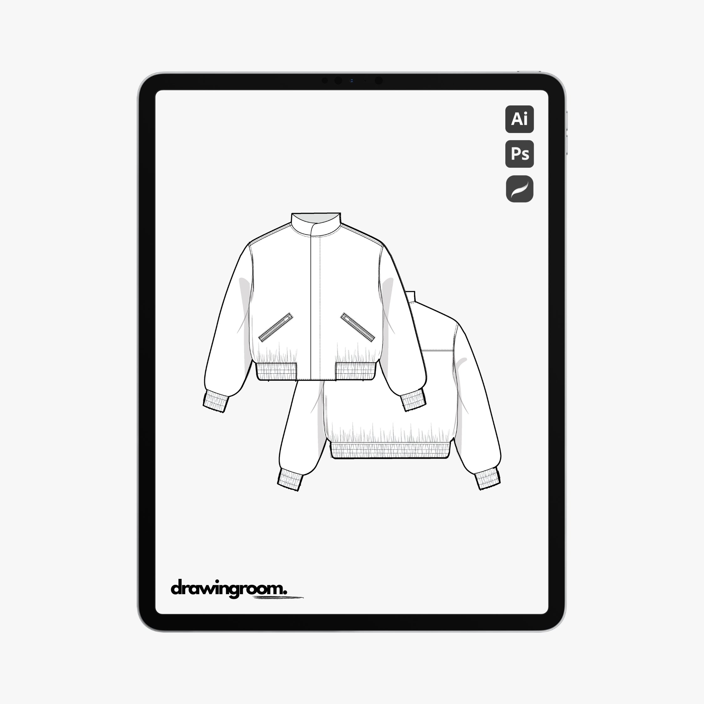 Relaxed Bomber Zip Jacket with Mandarin Collar and Flap Pockets - Flat Mockup Vector