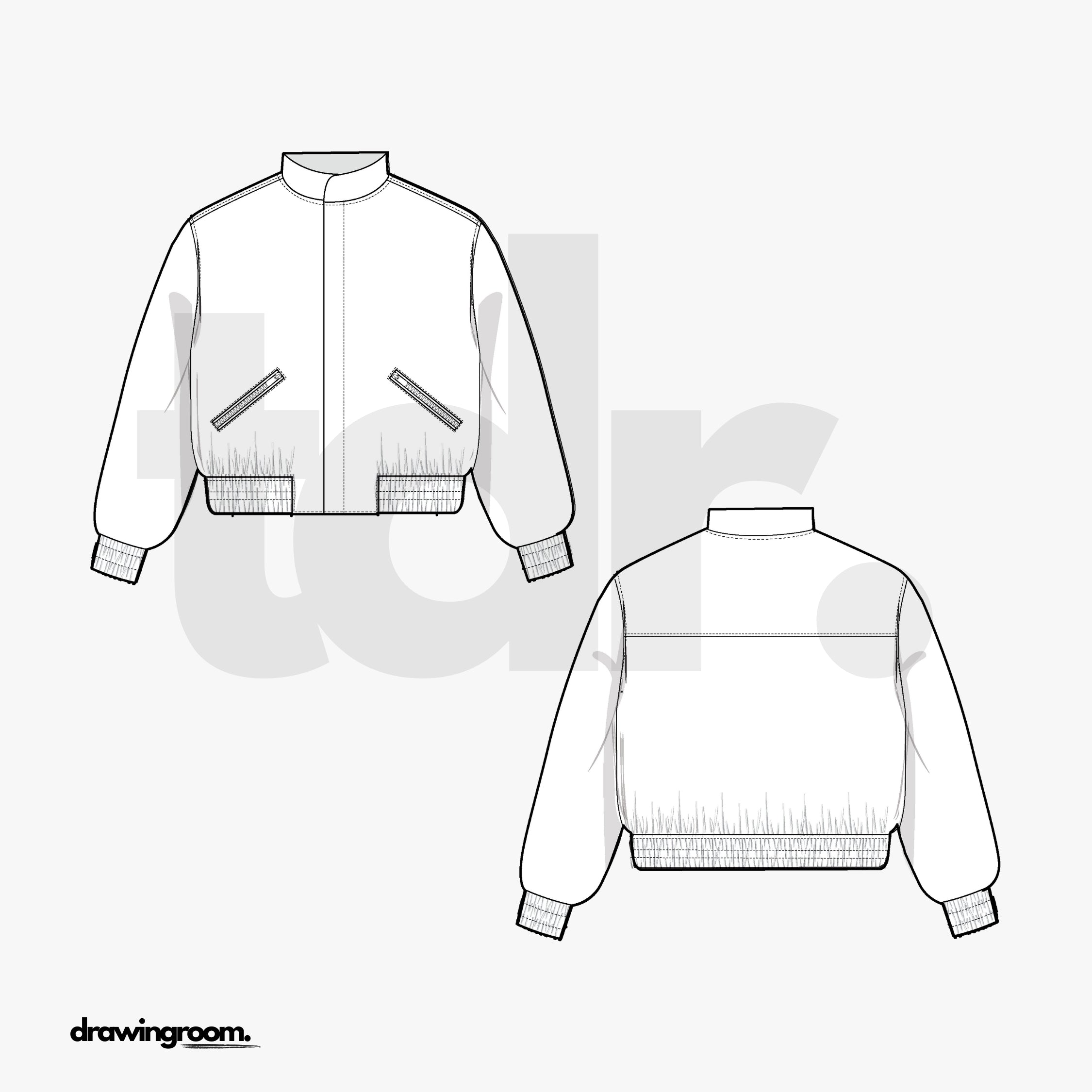 Relaxed Bomber Zip Jacket with Mandarin Collar and Flap Pockets - Flat Mockup Vector