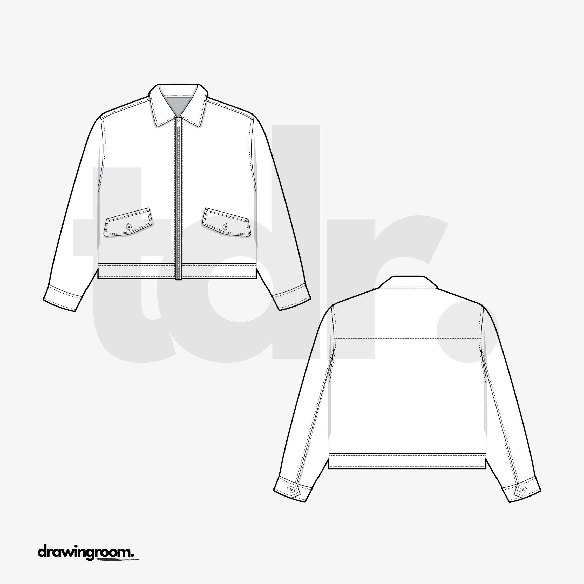 Cropped Zip Up Jacket with Convertible Collar and Flap Pockets - Flat Mockup Vector