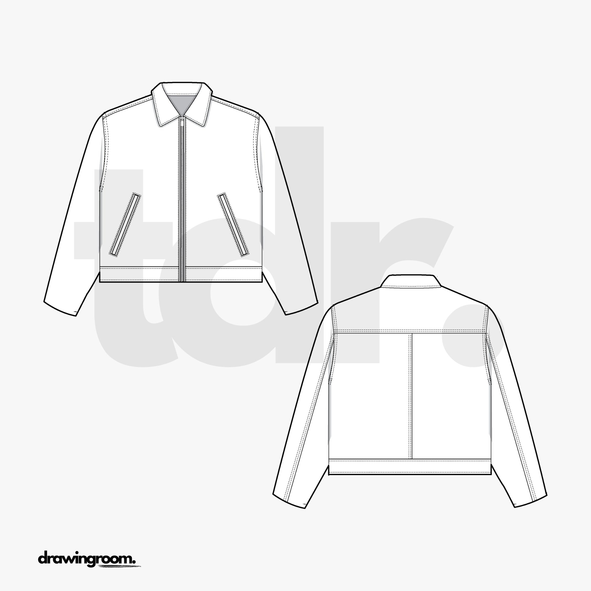 Cropped Zip Up Jacket with Convertible Collar and Welt Pockets - Flat Mockup Vector