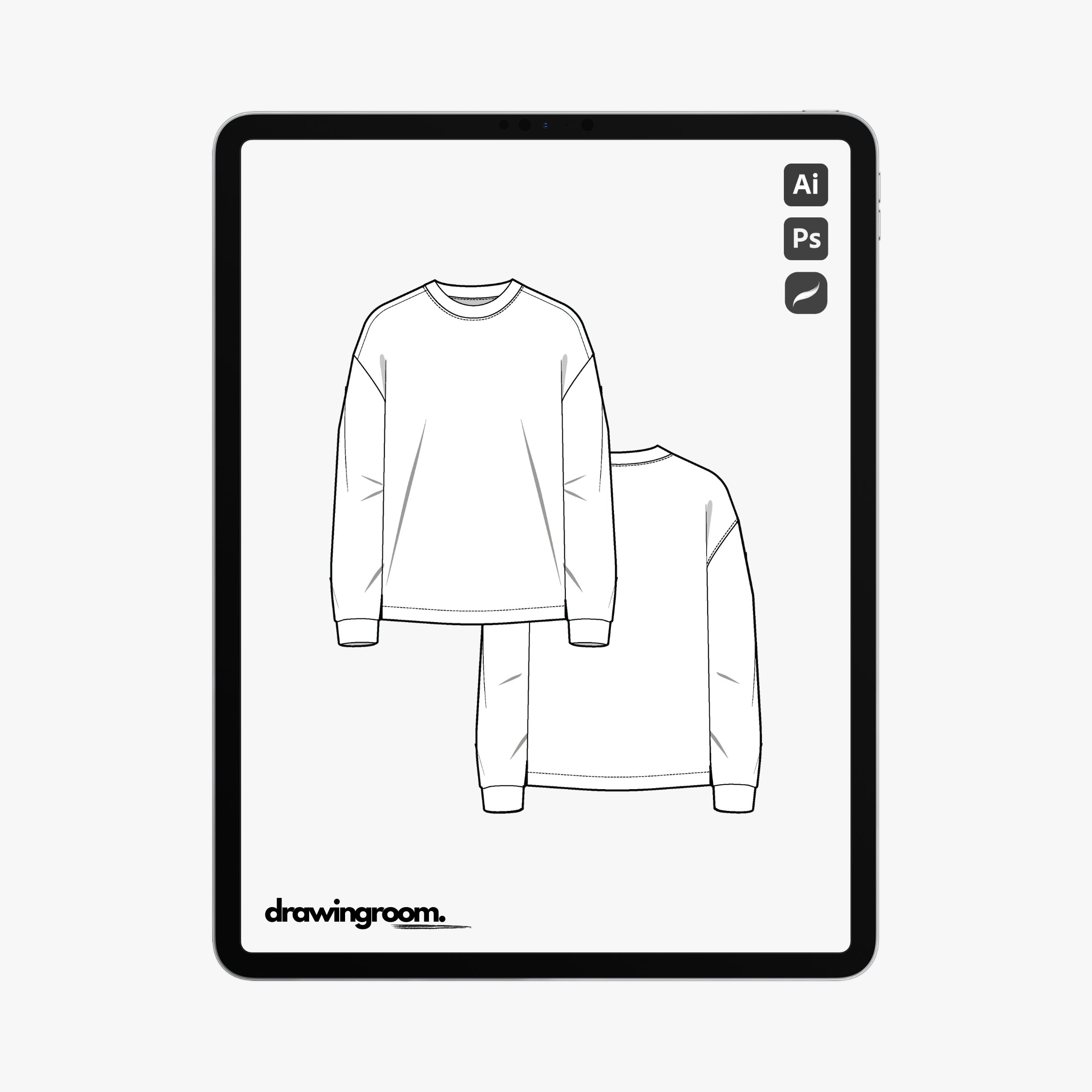 Relaxed Fit Long Sleeve T-Shirt with Drop Shoulder Sleeves - Flat Mockup Vector