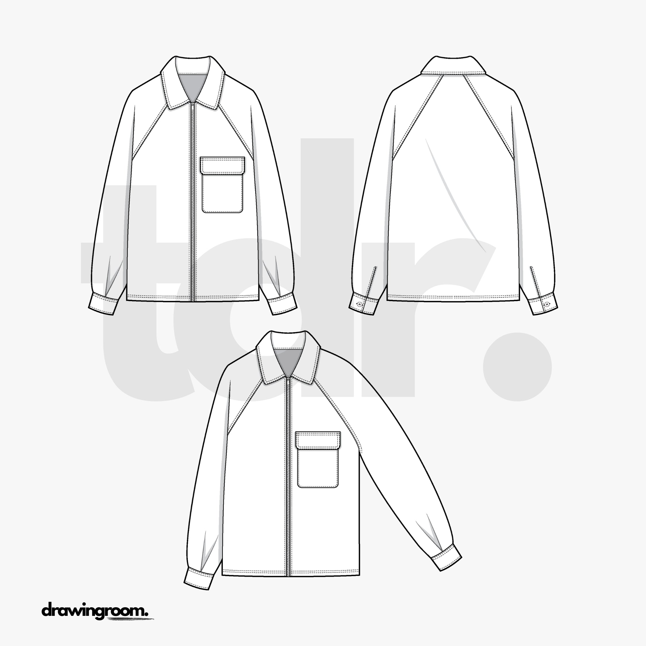 Relaxed Raglan Zip Up Jacket with Collar and Patch Pocket - Flat Mockup Vector