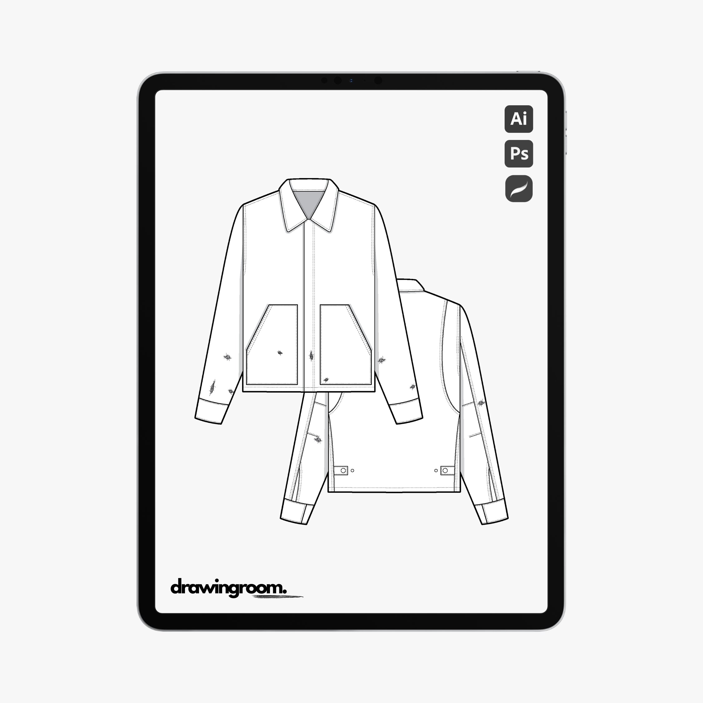 Lightly Distressed Jacket with Hidden Placket Closure and Patch Pockets - Flat Mockup Vector