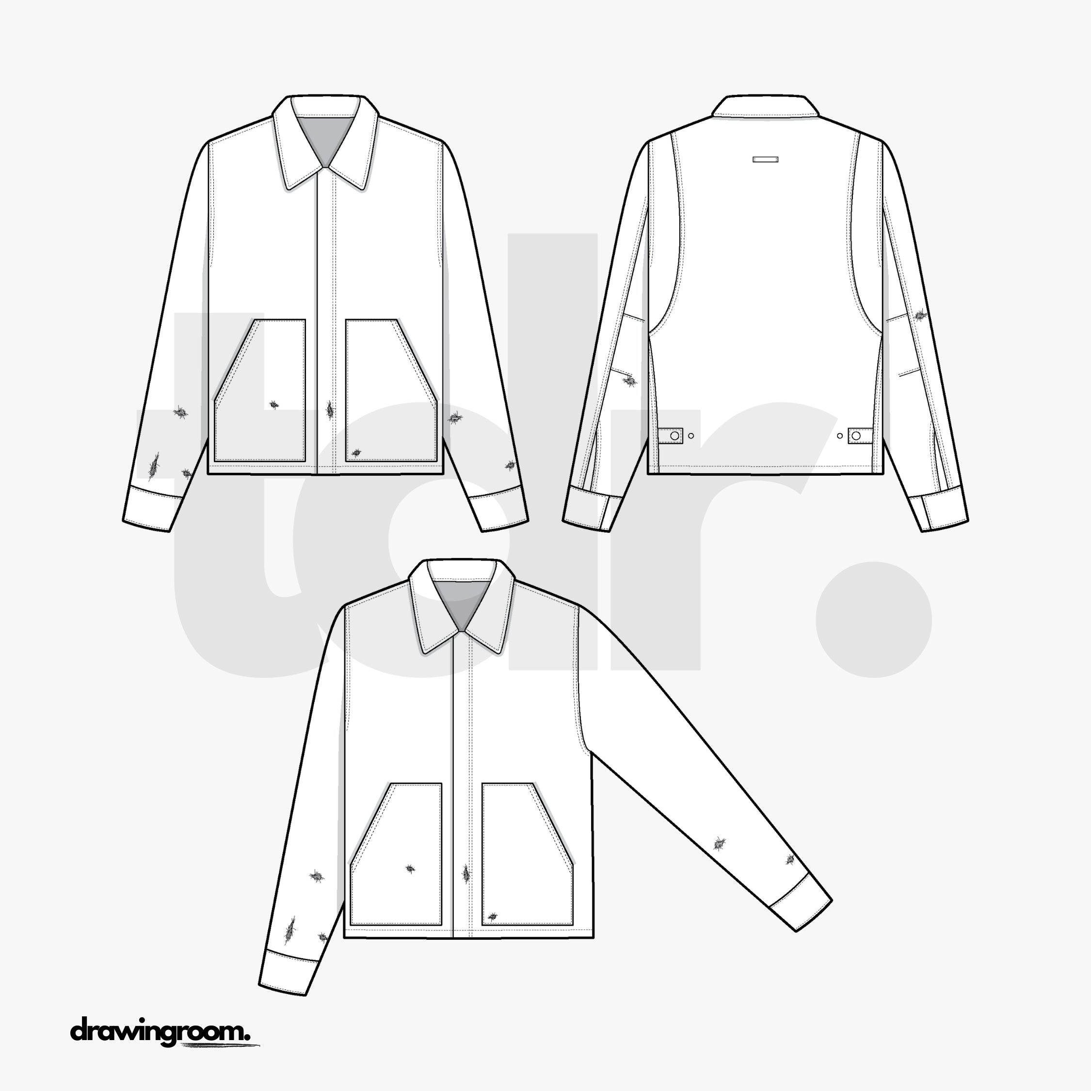 Lightly Distressed Jacket with Hidden Placket Closure and Patch Pockets - Flat Mockup Vector