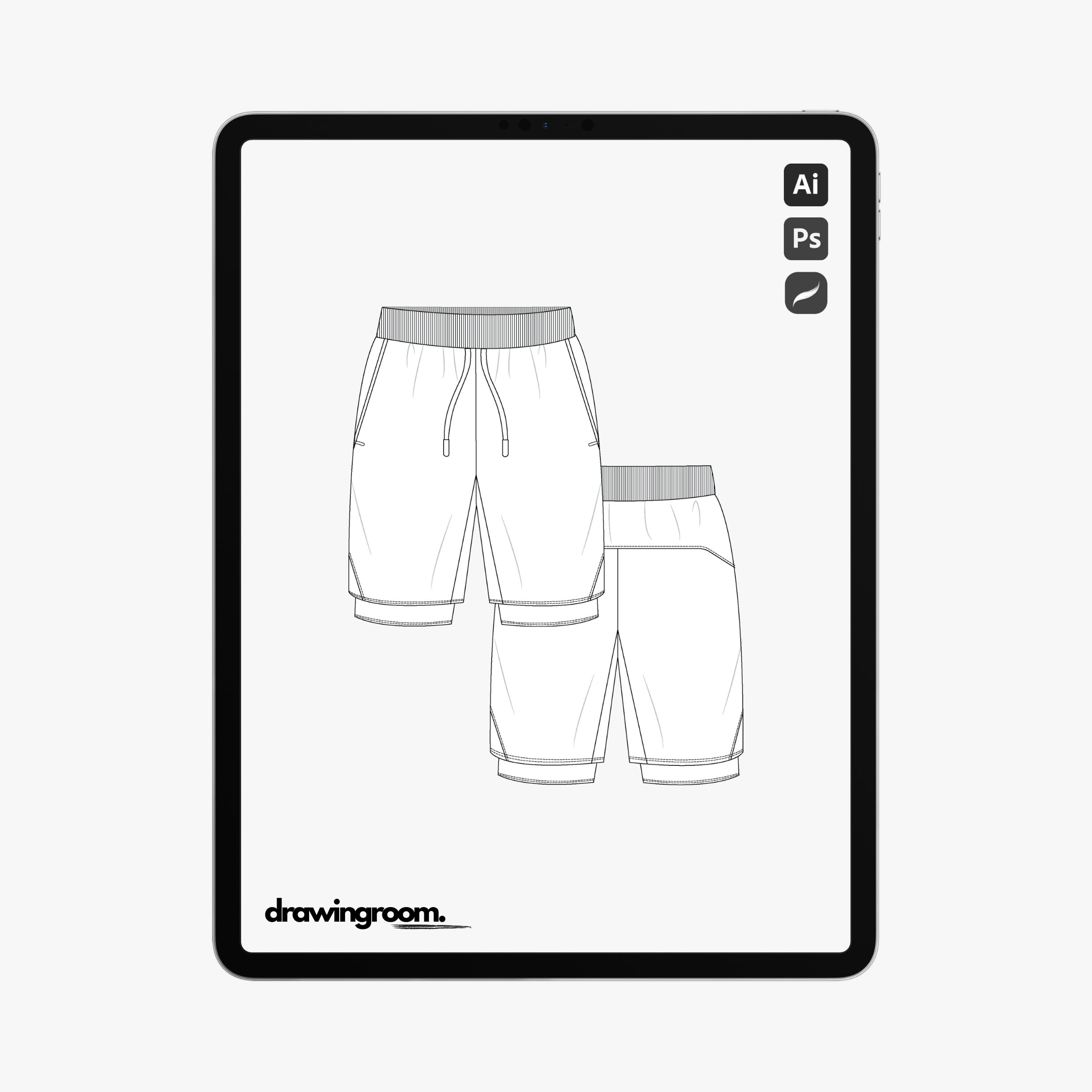 Lined Athletic Shorts with Slash Pockets and Ribbed Waistband - Flat Mockup Vector