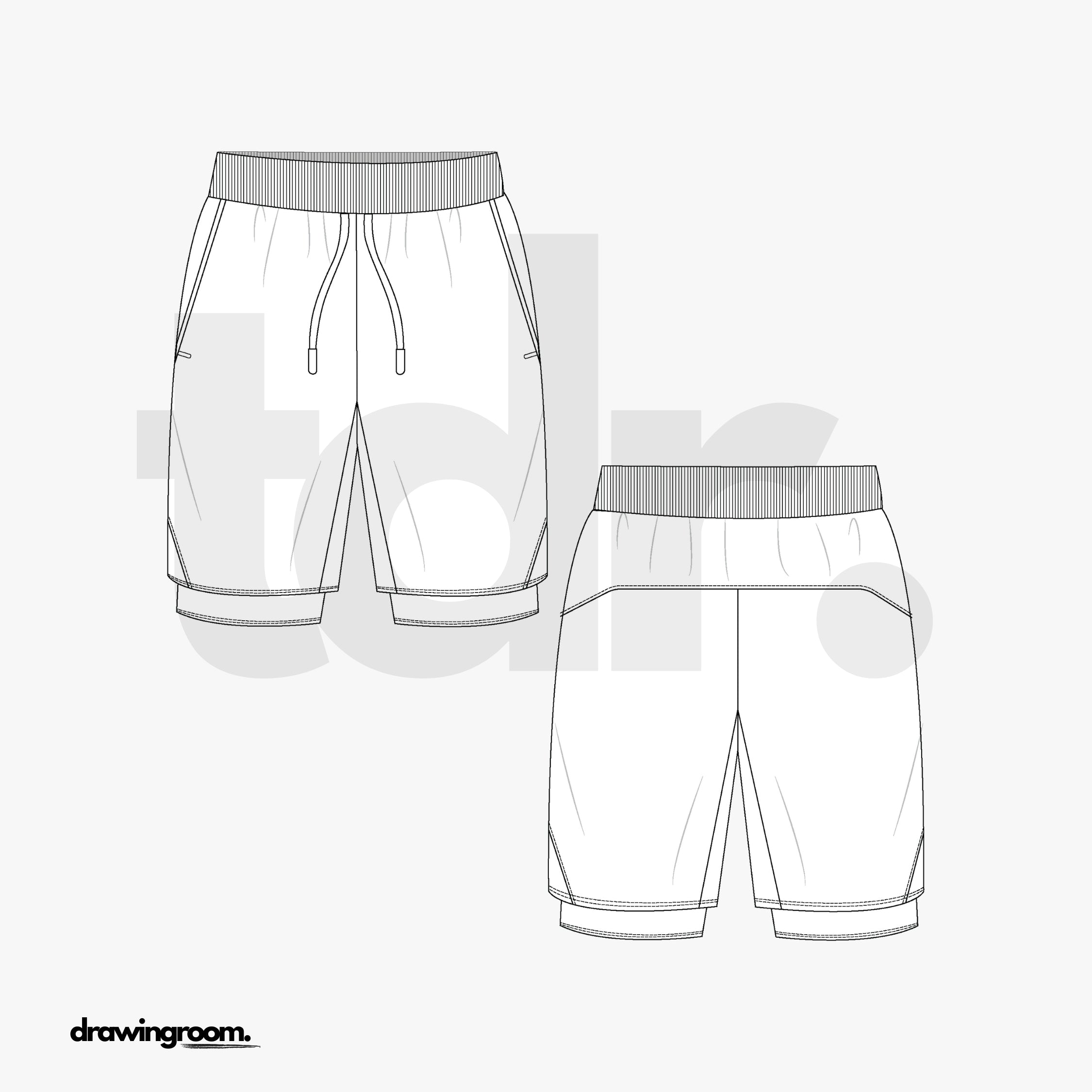 Lined Athletic Shorts with Slash Pockets and Ribbed Waistband - Flat Mockup Vector